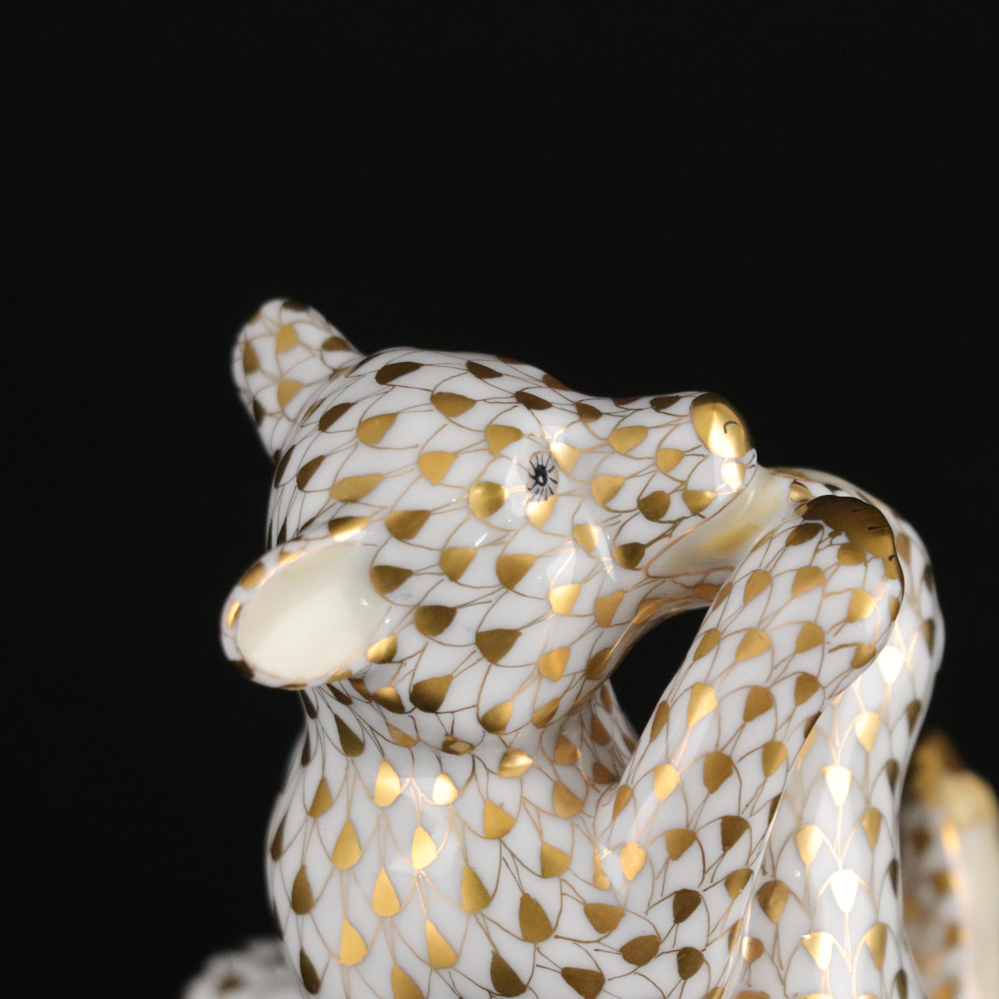 Herend Guild Gold Fishnet Hand Painted Porcelain Bear Cub, 2000