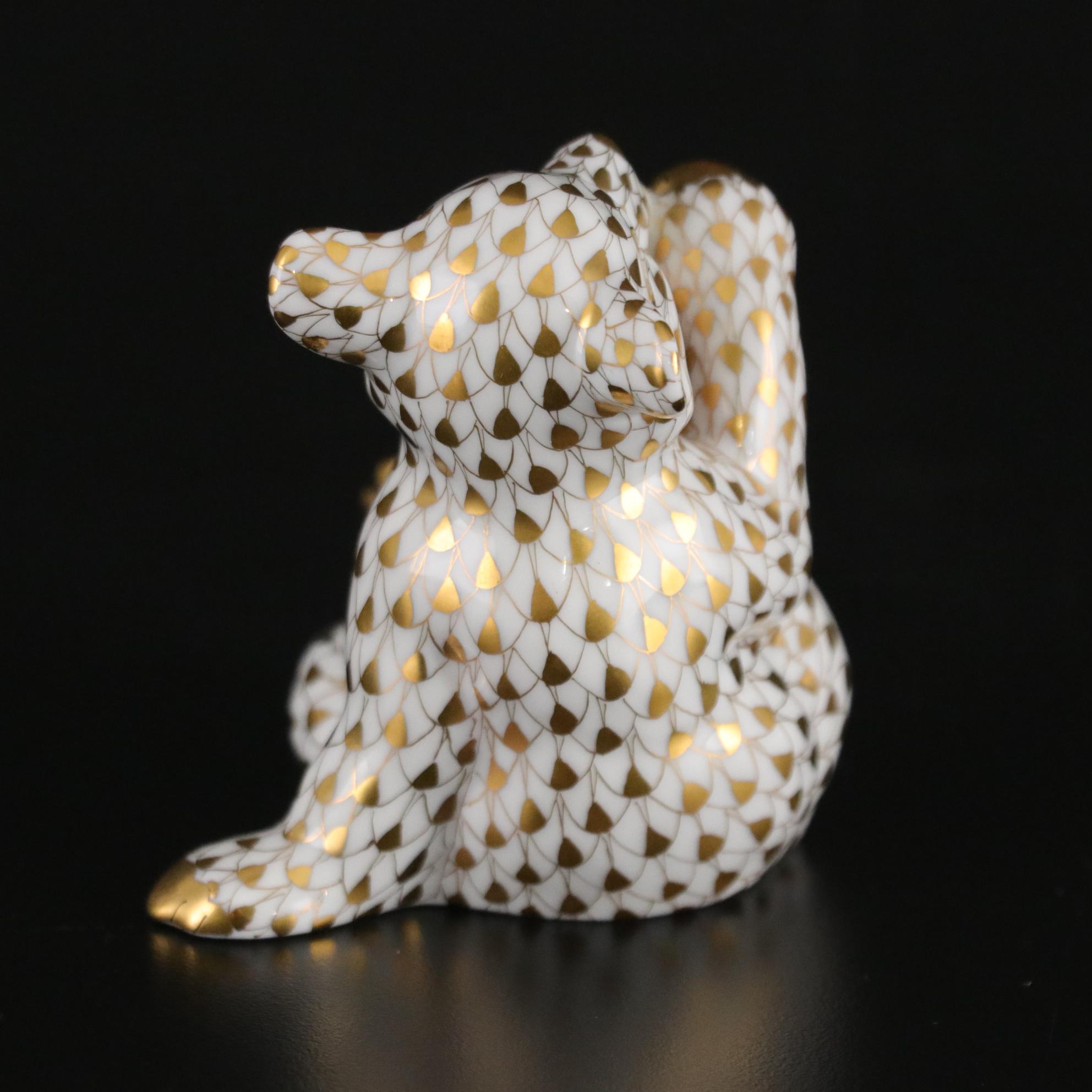 Herend Guild Gold Fishnet Hand Painted Porcelain Bear Cub, 2000