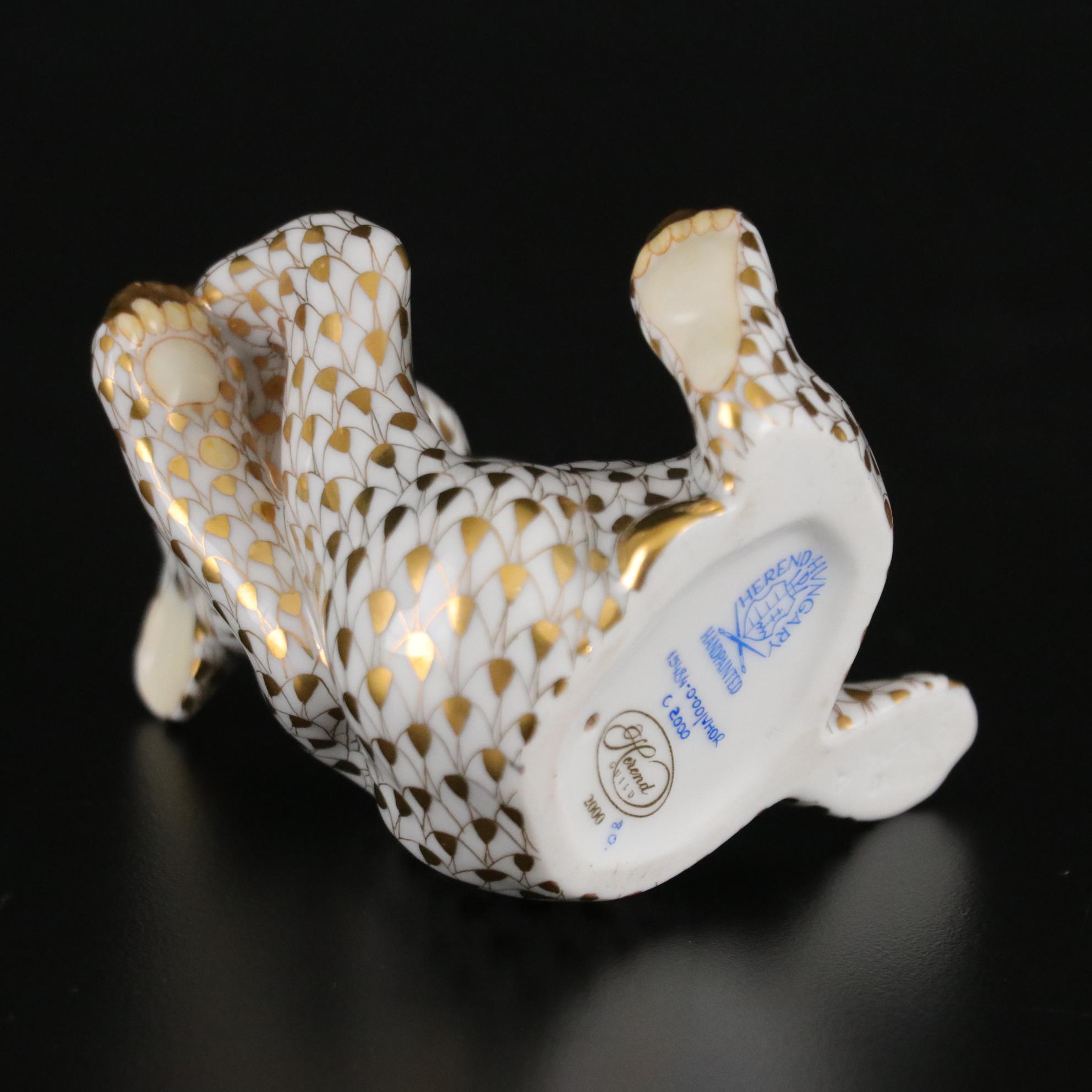 Herend Guild Gold Fishnet Hand Painted Porcelain Bear Cub, 2000