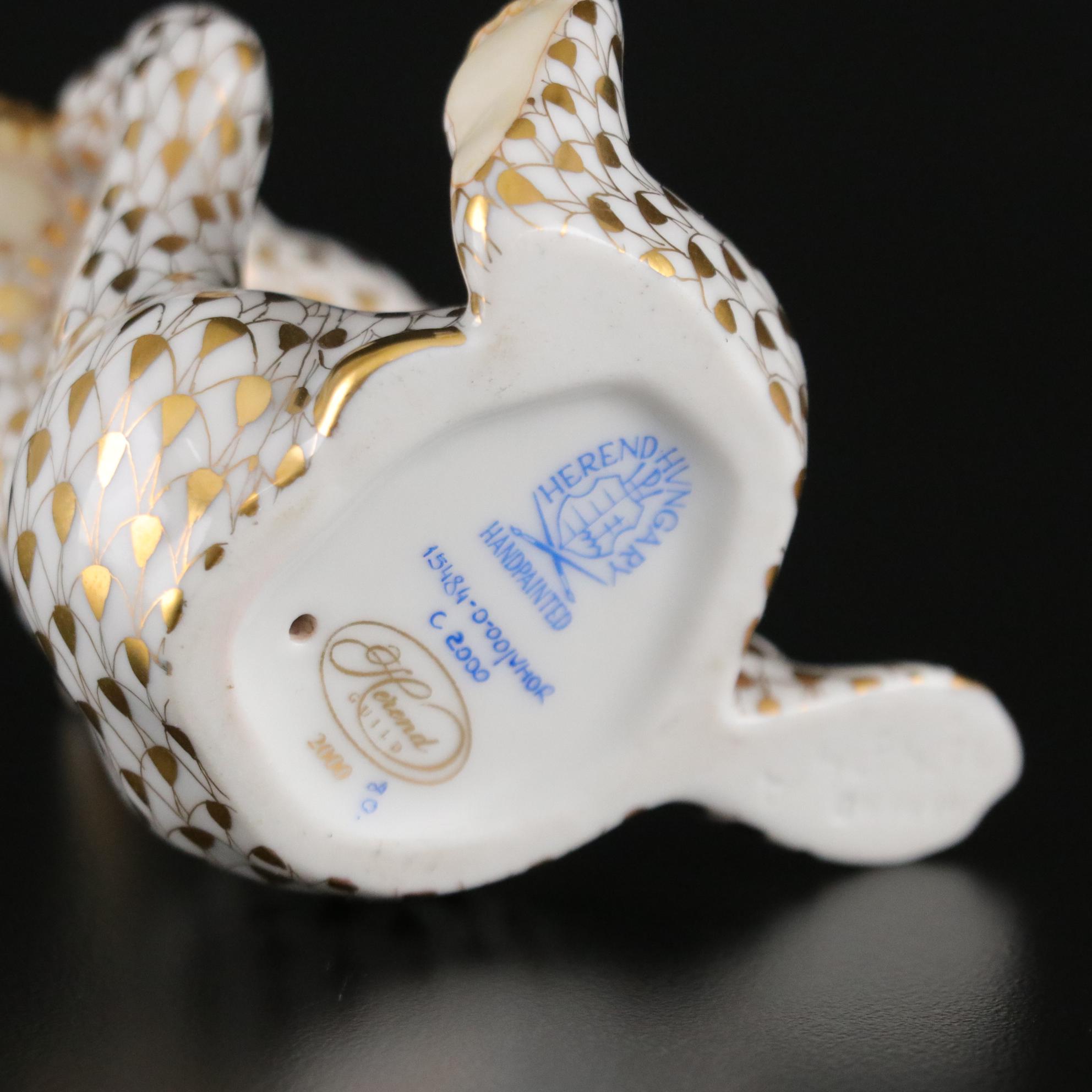 Herend Guild Gold Fishnet Hand Painted Porcelain Bear Cub, 2000