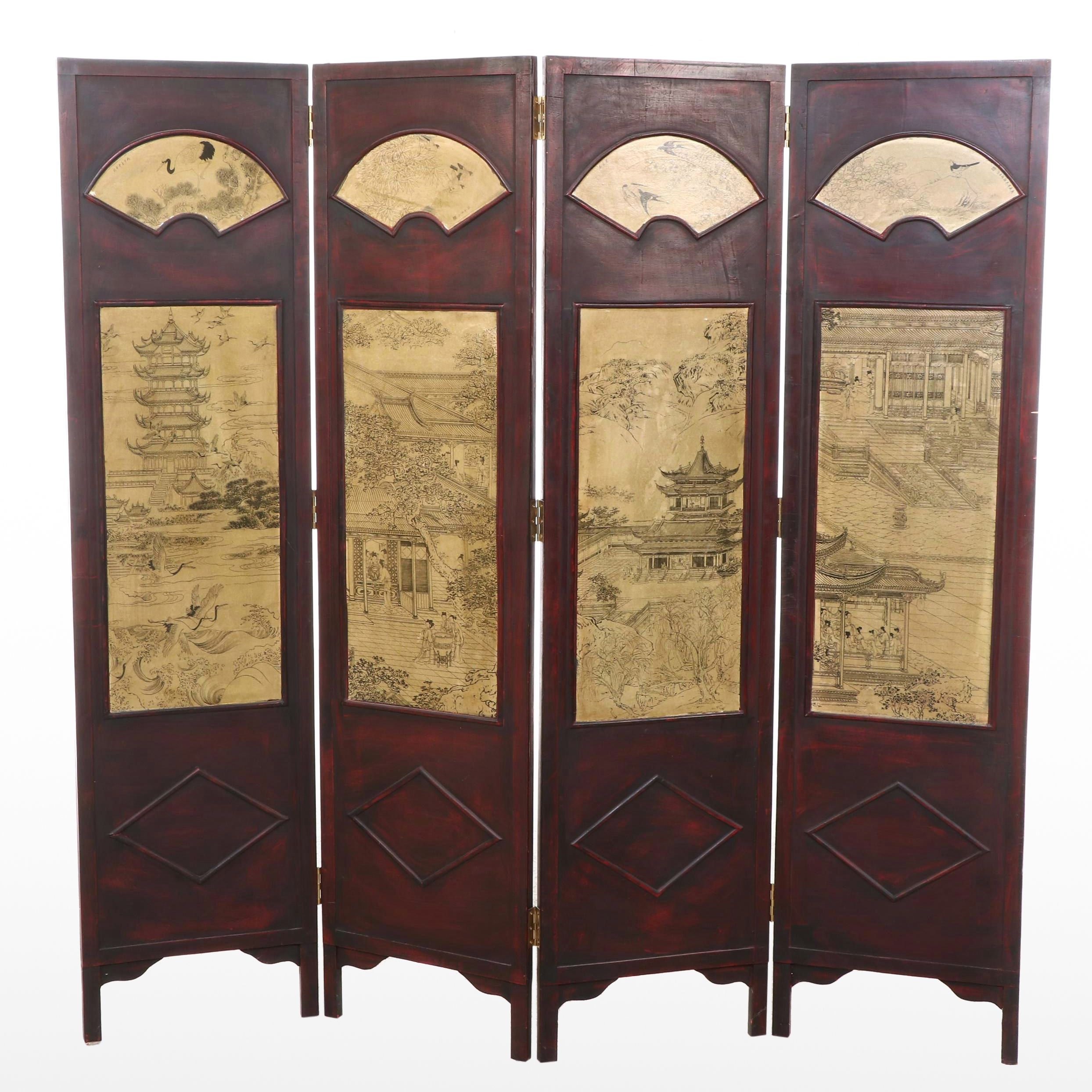 East Asian Style Wood Four-Panel Room Divider