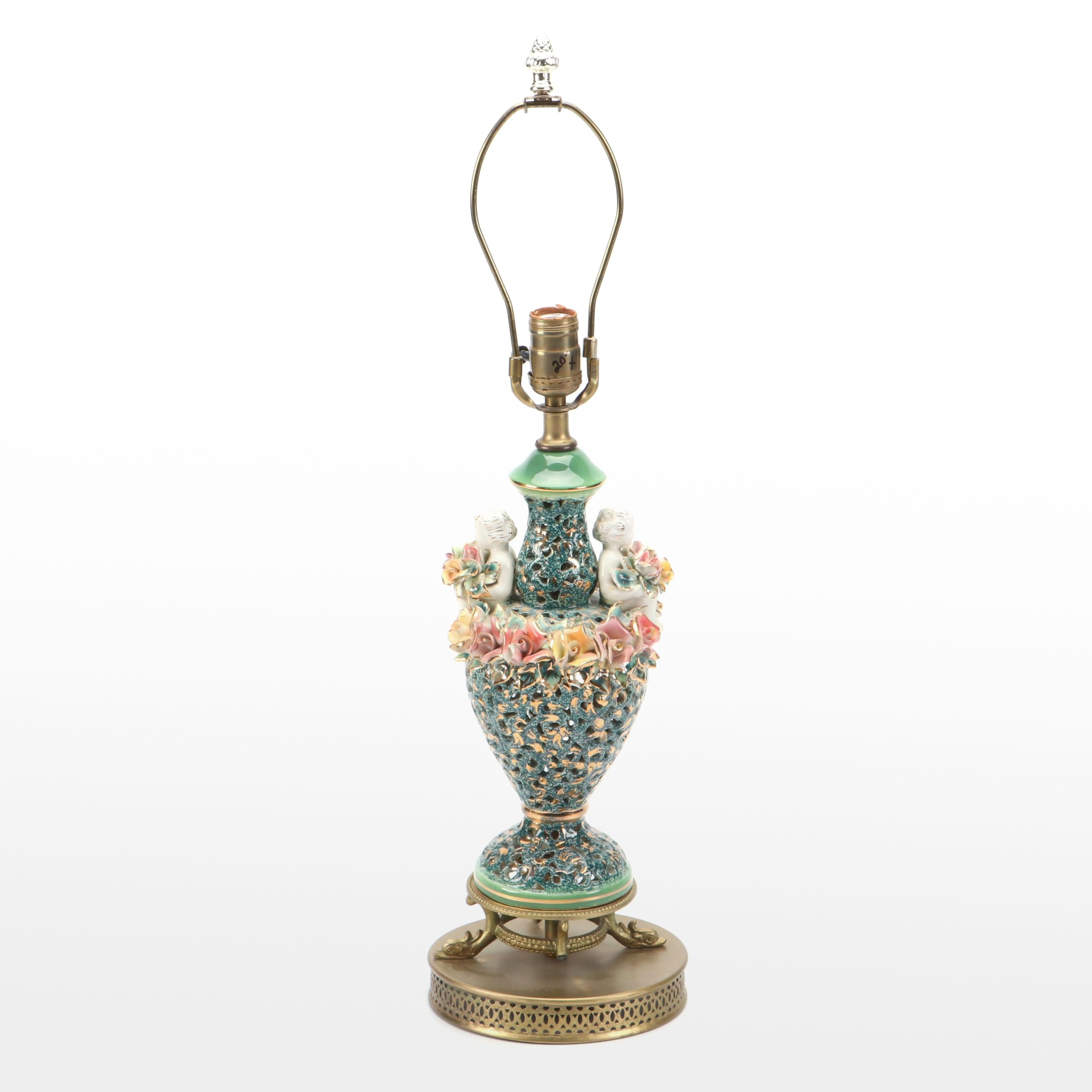 Capodimonte Style Hand-Painted Pierced Porcelain Lamp with Putti & Roses