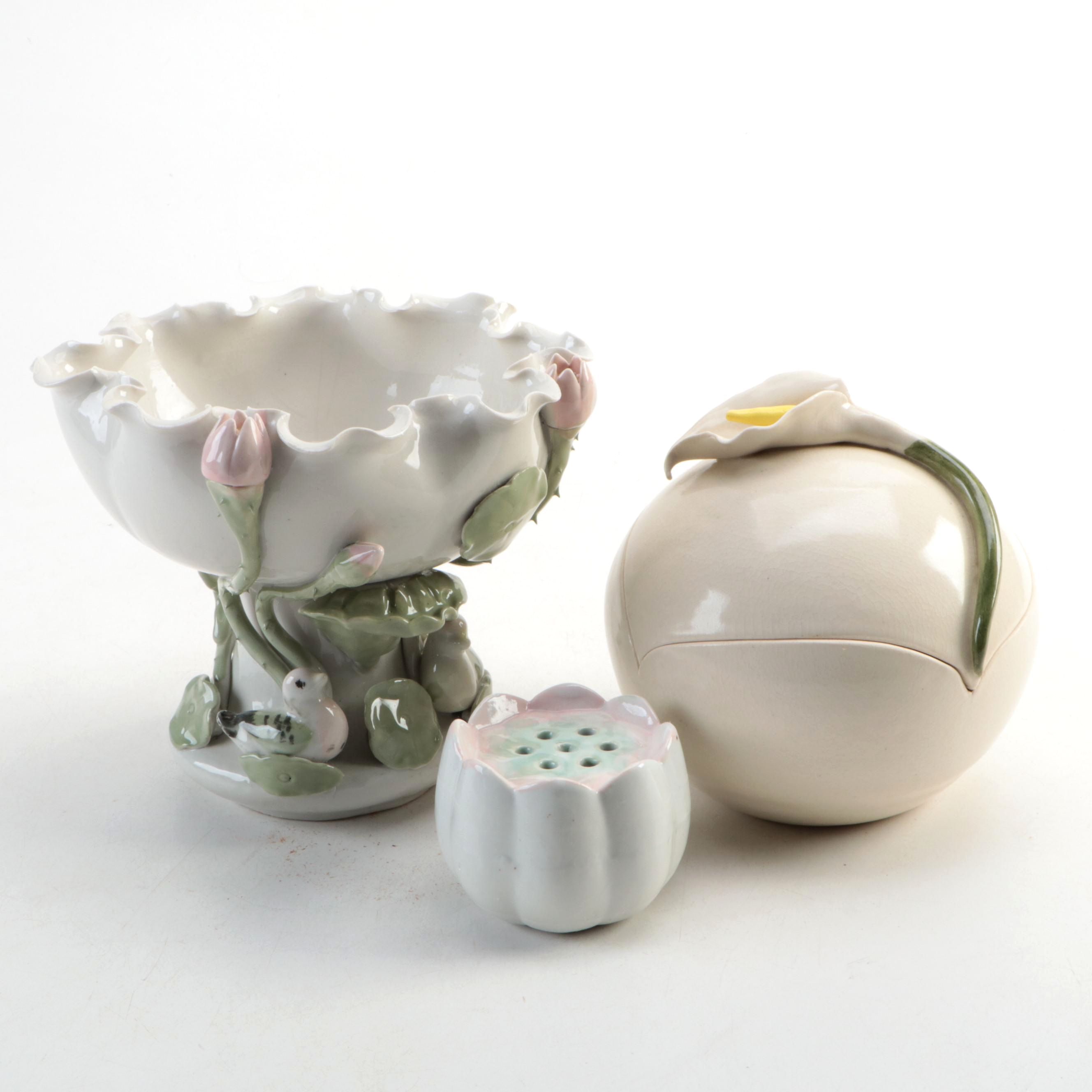 Chinese Porcelain Centerpiece Bowl with Lotus and Ducks, Flower Frog, More