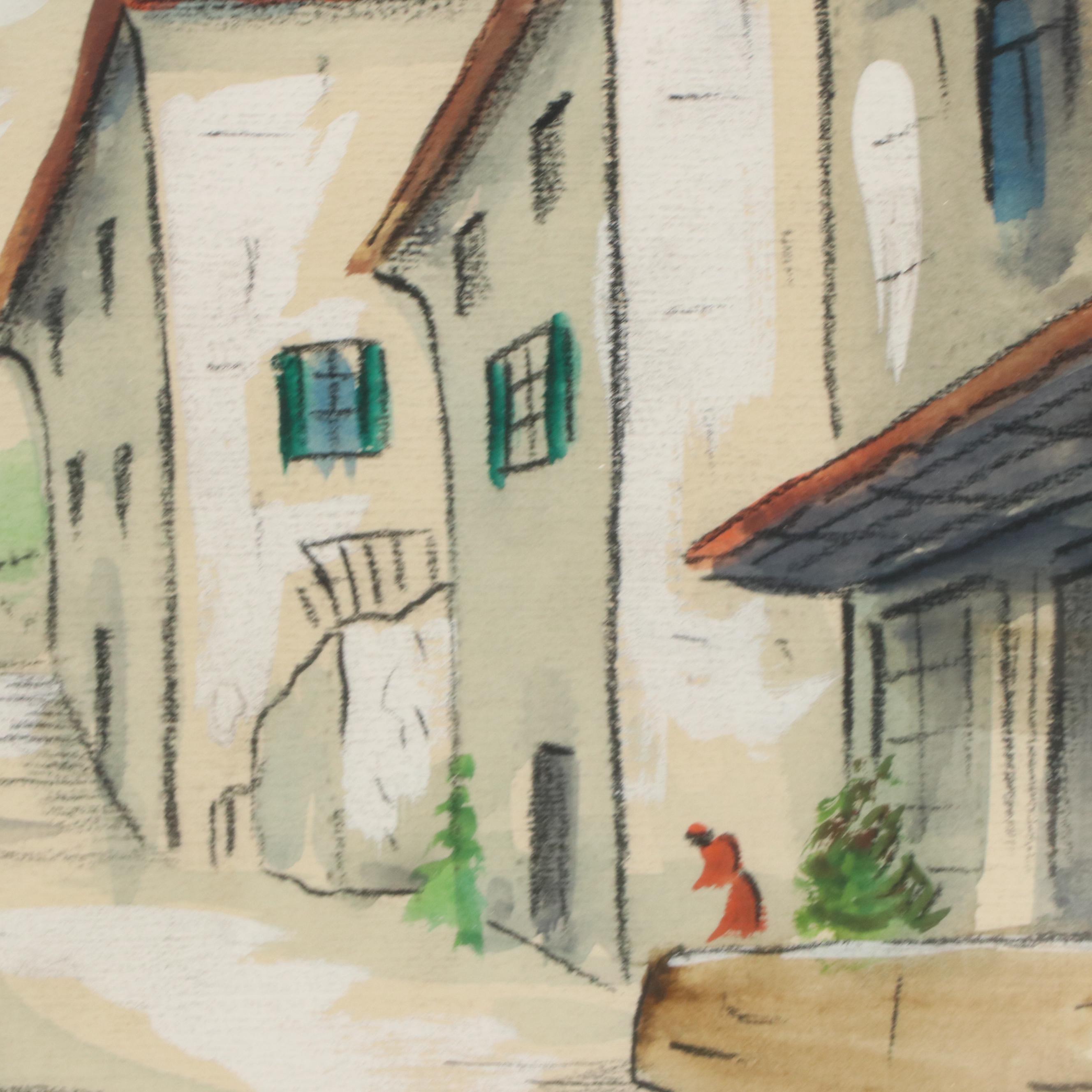 Watercolor and Gouache Painting of Street Scene, Mid–Late 20th Century