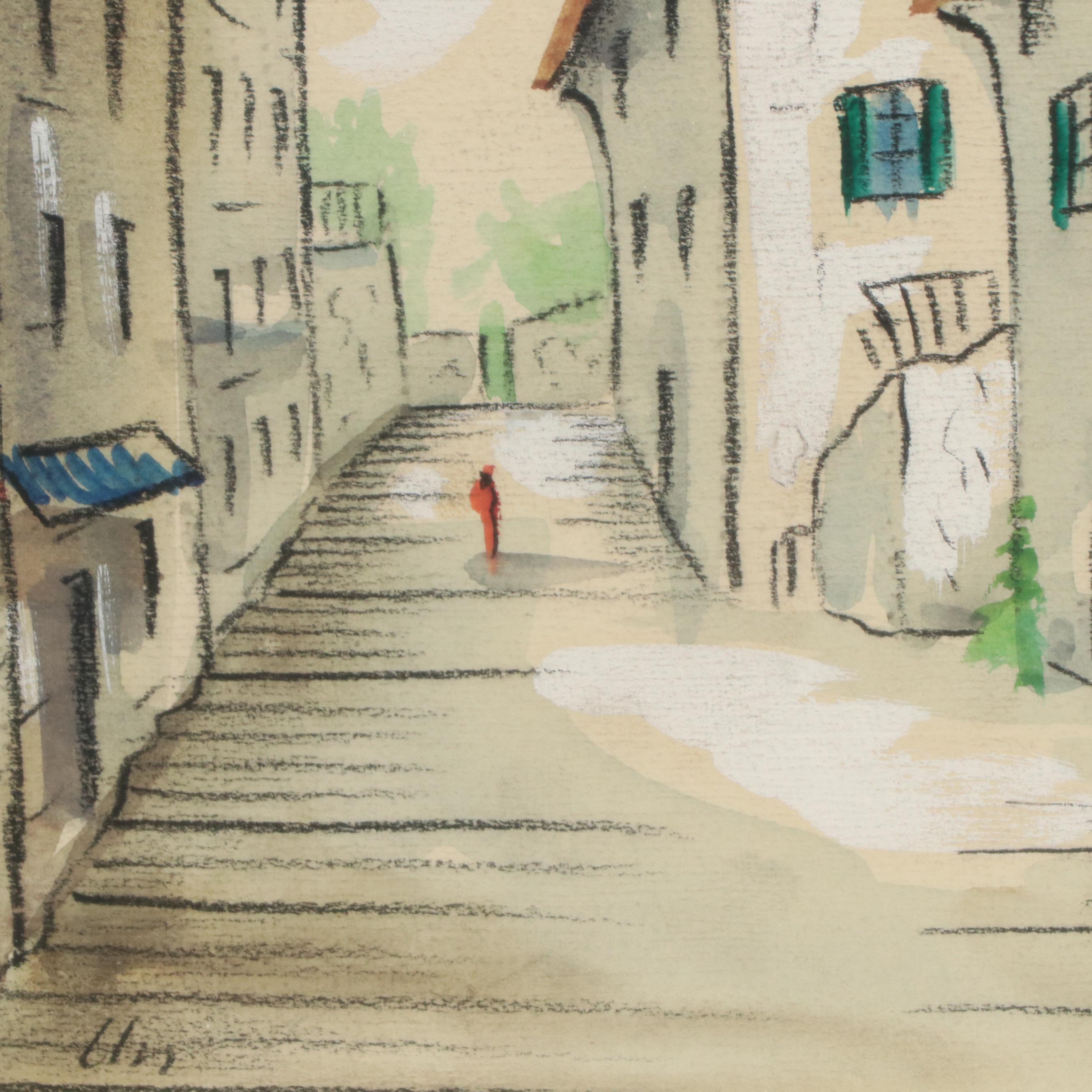 Watercolor and Gouache Painting of Street Scene, Mid–Late 20th Century