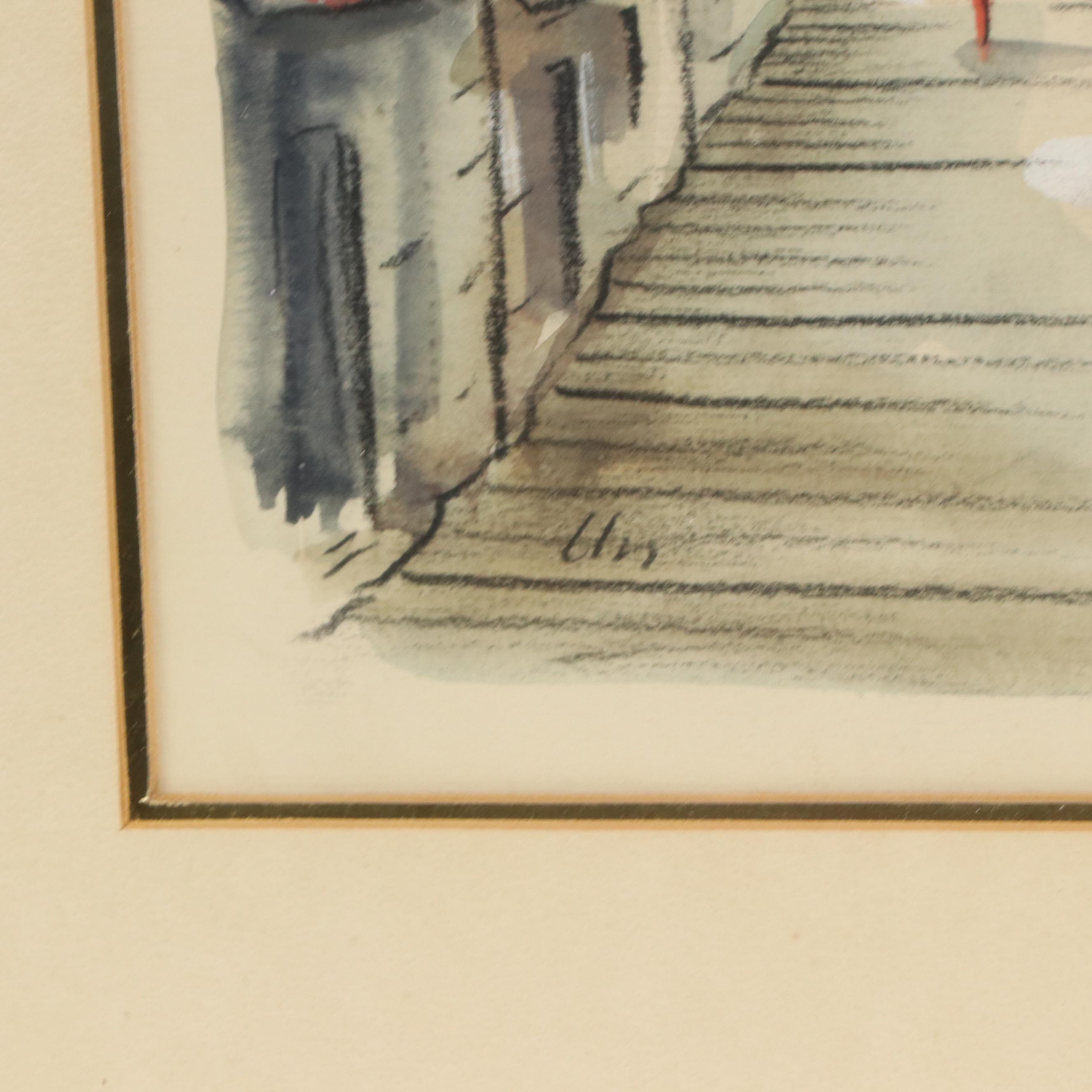 Watercolor and Gouache Painting of Street Scene, Mid–Late 20th Century