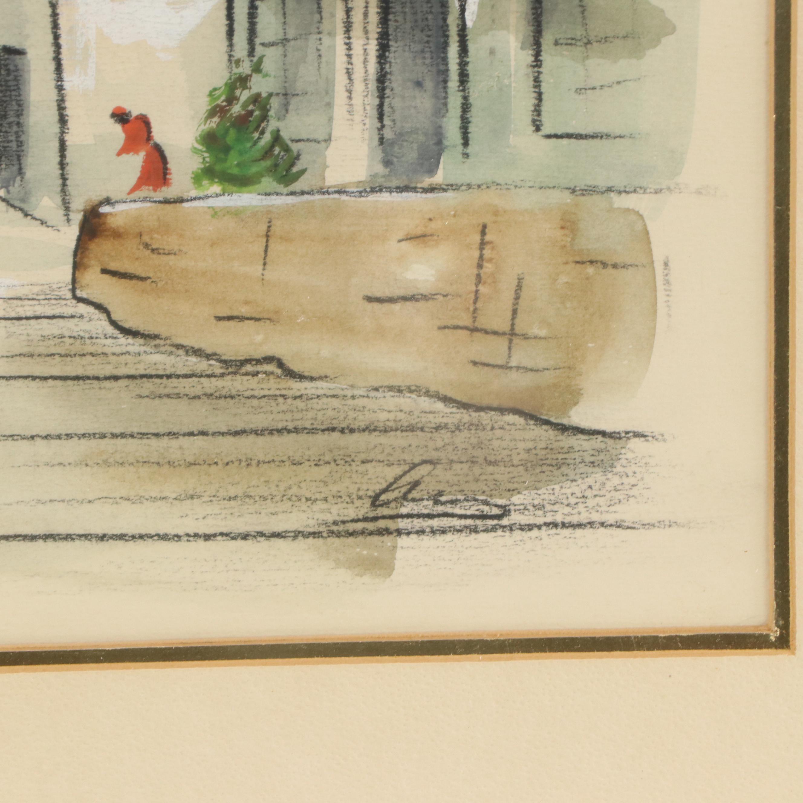 Watercolor and Gouache Painting of Street Scene, Mid–Late 20th Century