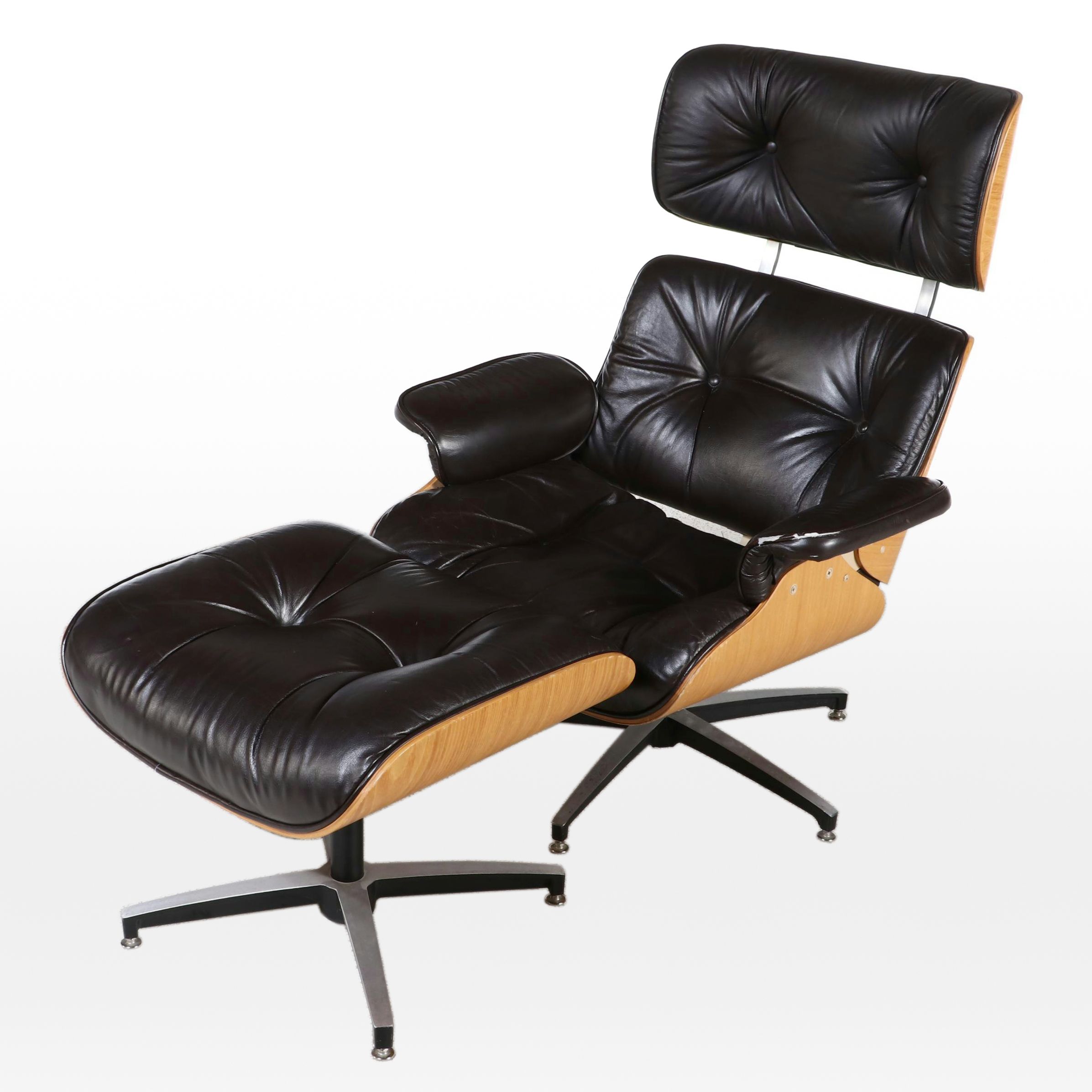 C.F.A. MCM Style Plywood and Faux Leather Lounge Chair and Ottoman