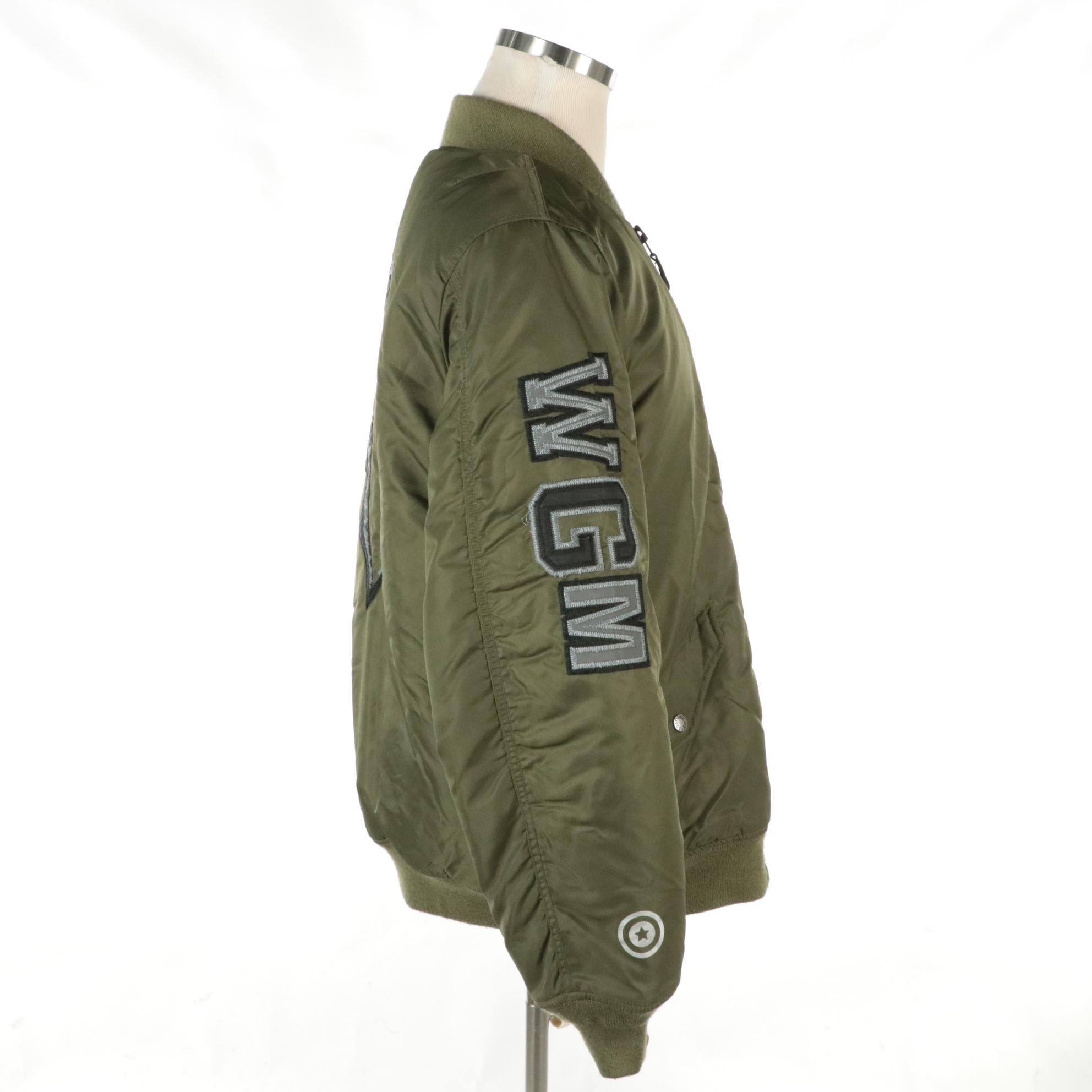 A Bathing Ape MA1 Bomber Jacket in Olive Drab Nylon with Shark Back