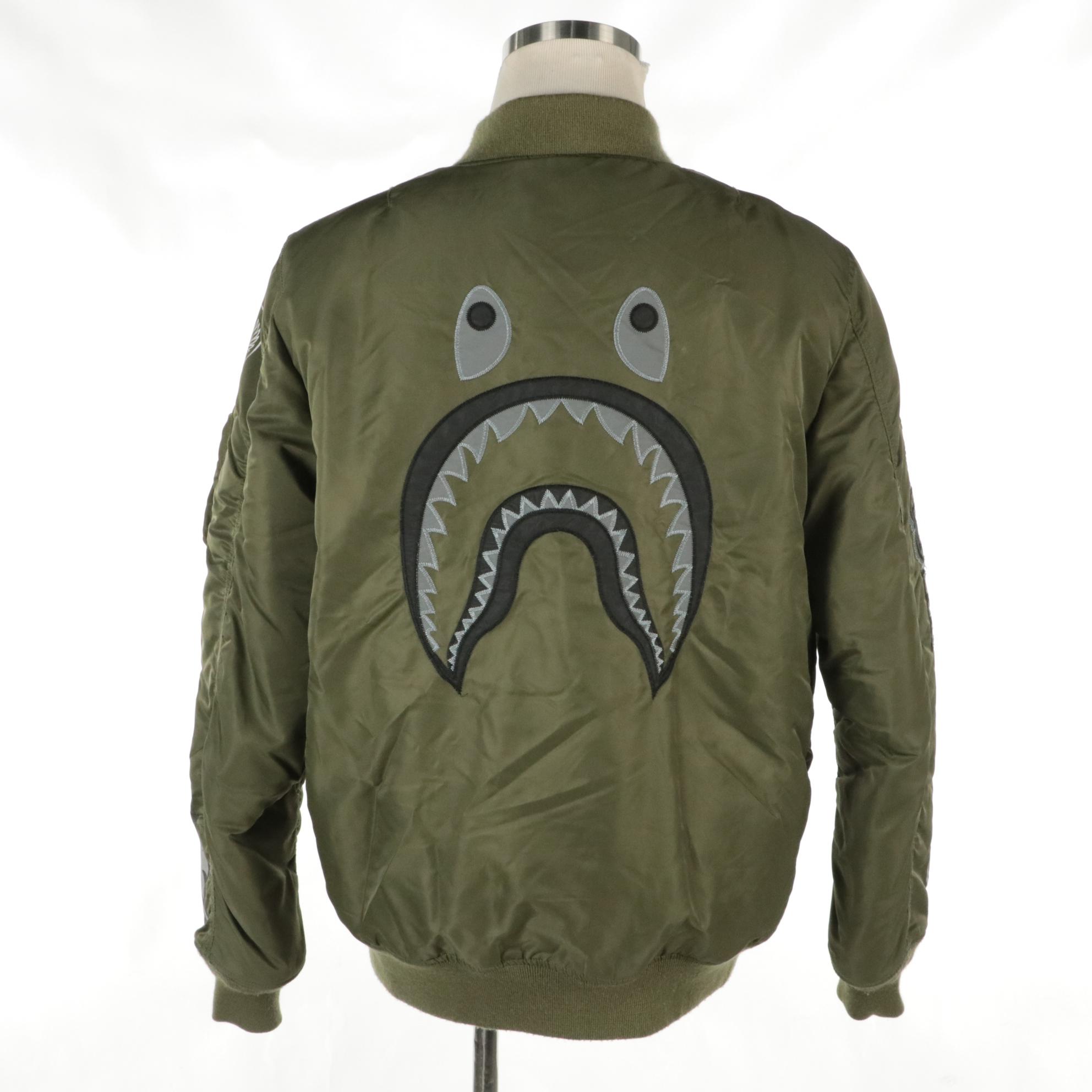A Bathing Ape MA1 Bomber Jacket in Olive Drab Nylon with Shark Back