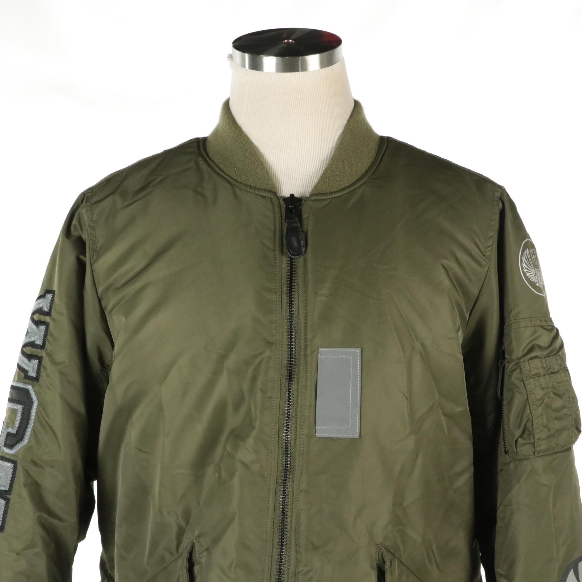 A Bathing Ape MA1 Bomber Jacket in Olive Drab Nylon with Shark Back