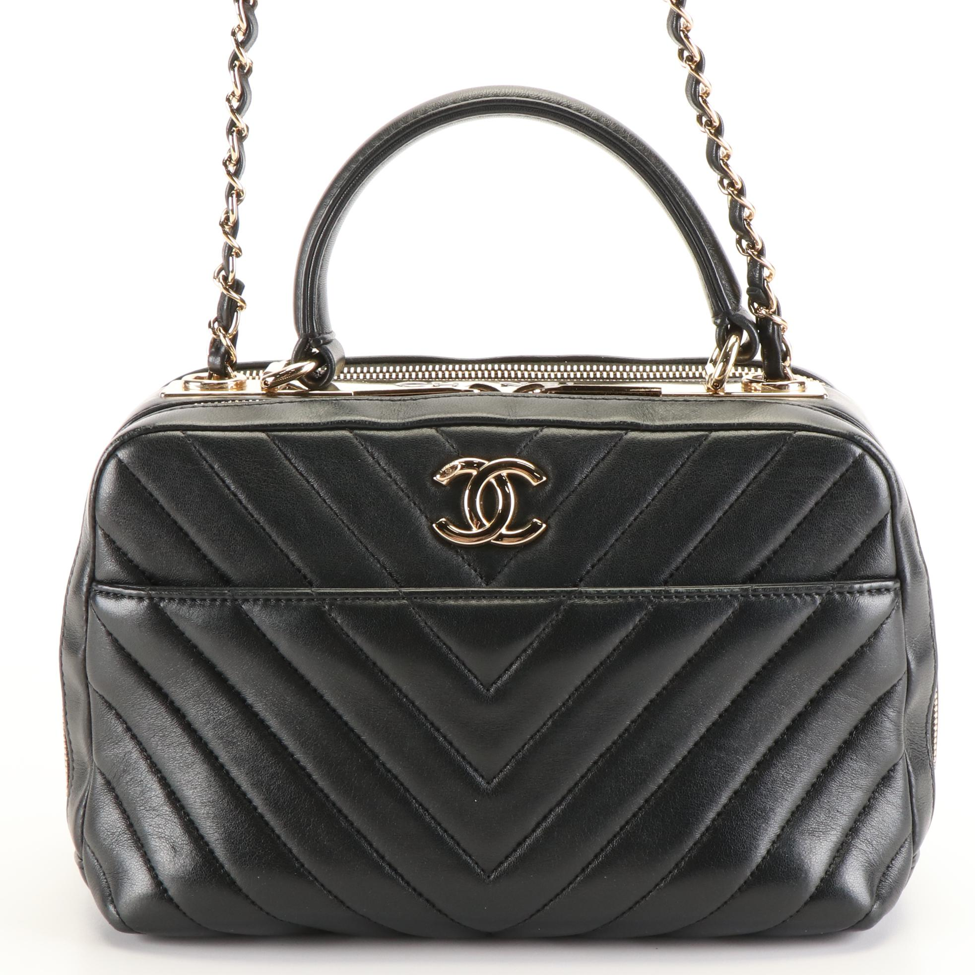 Chanel CC Double Zip Top Handle Shoulder Bag in Chevron Quilted Leather
