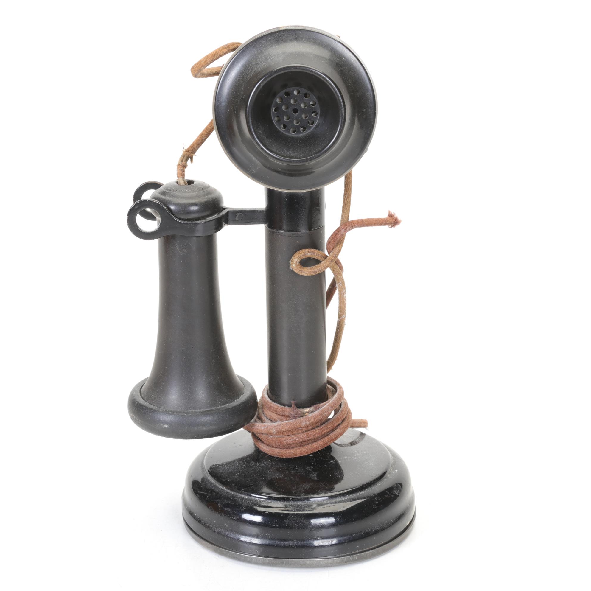 Antique Candlestick Telephone and Wood Hand Crank Ringer Box