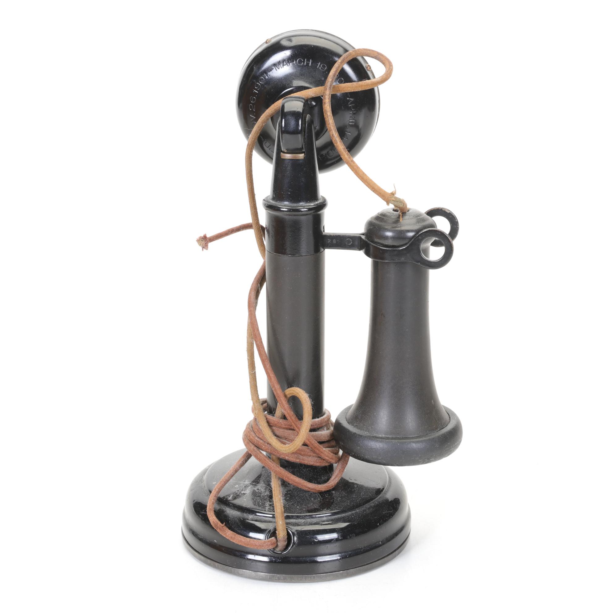 Antique Candlestick Telephone and Wood Hand Crank Ringer Box