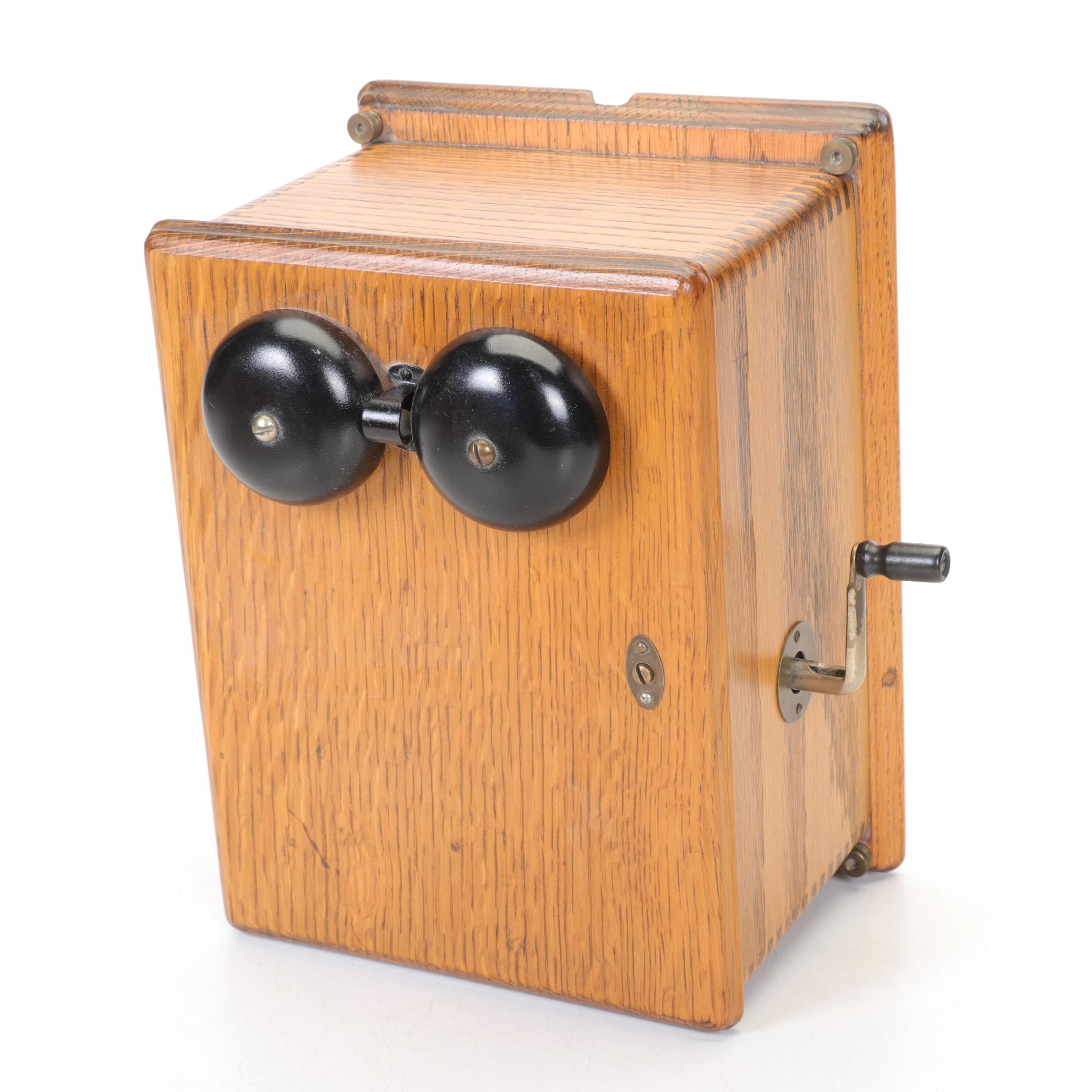 Antique Candlestick Telephone and Wood Hand Crank Ringer Box