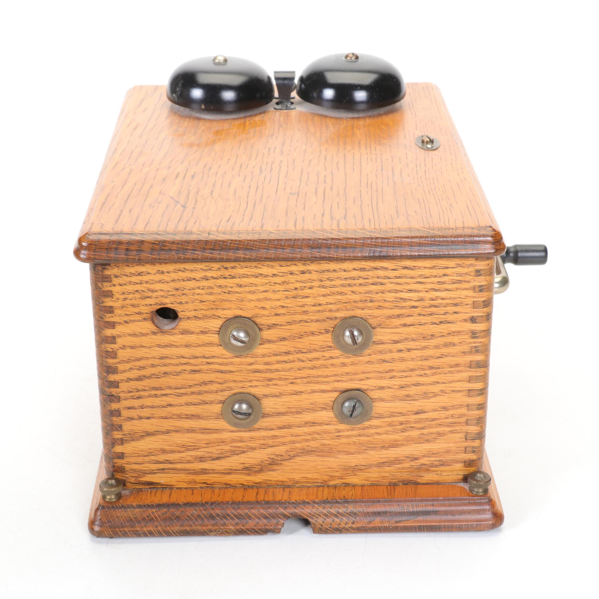 Antique Candlestick Telephone and Wood Hand Crank Ringer Box