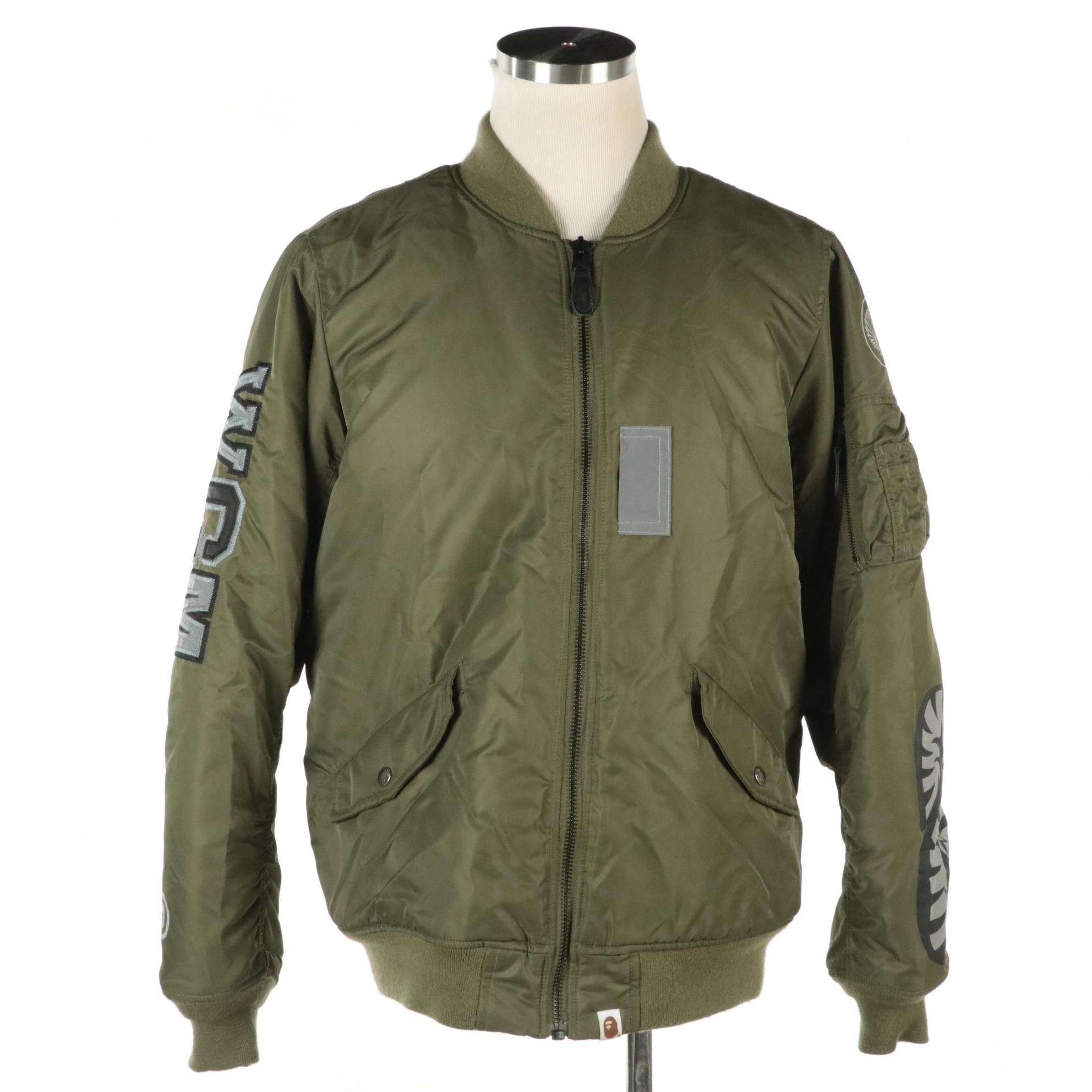 A Bathing Ape MA1 Bomber Jacket in Olive Drab Nylon with Shark Back