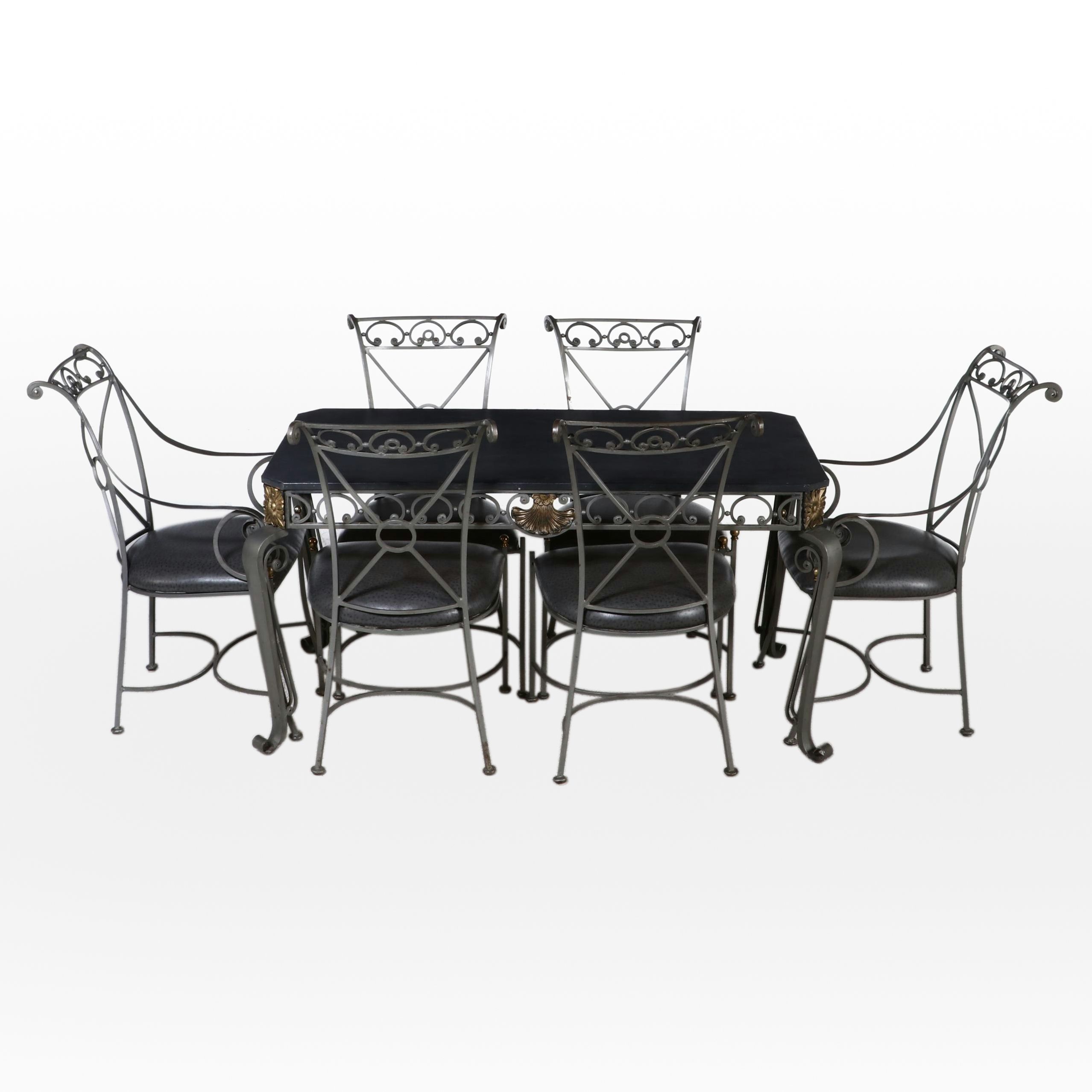 Neoclassical Style Metal and Wood Dining Table with Six Chairs, Late 20th C.