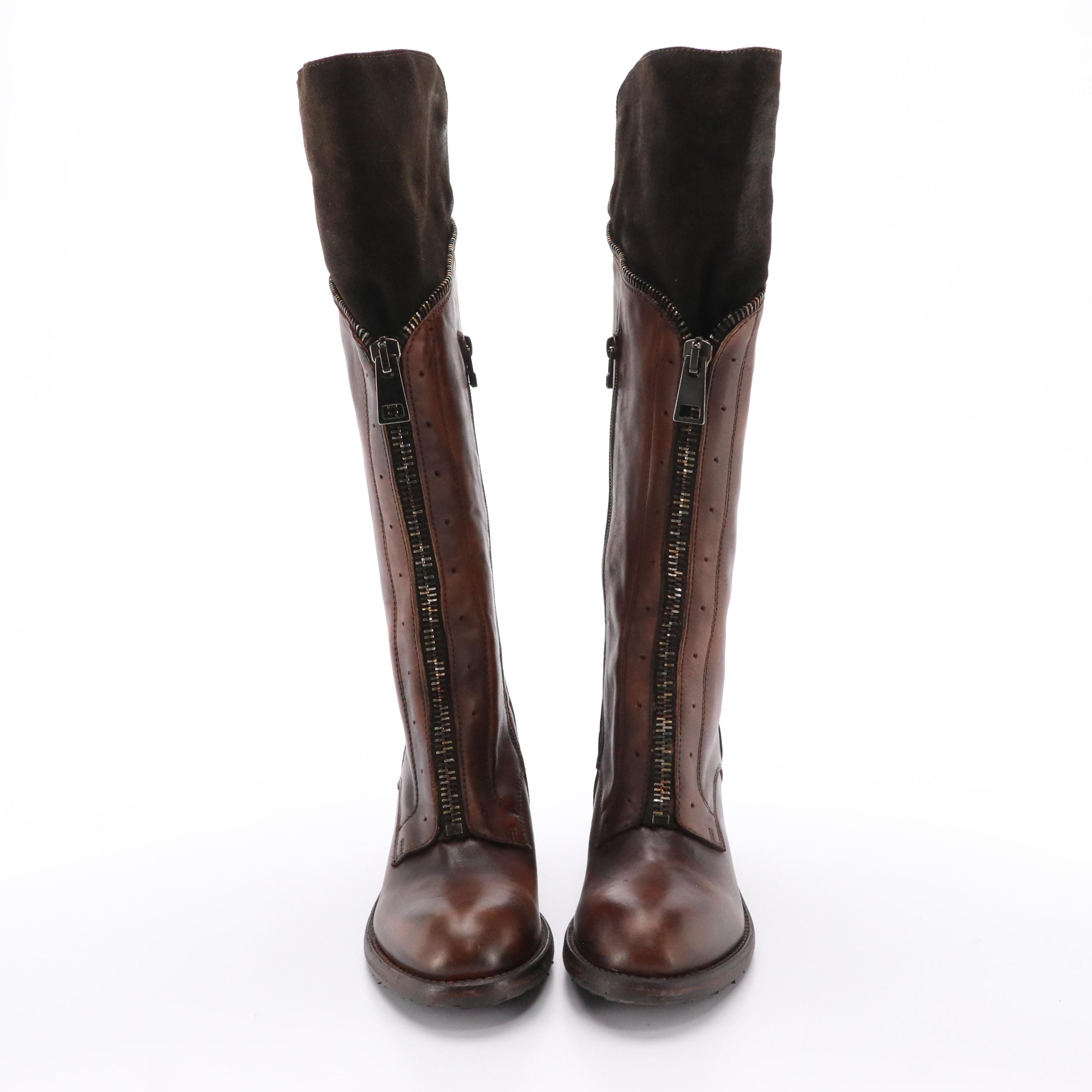 Area Forte Brown Leather Tall Heeled Zipper-Front Boots in Box