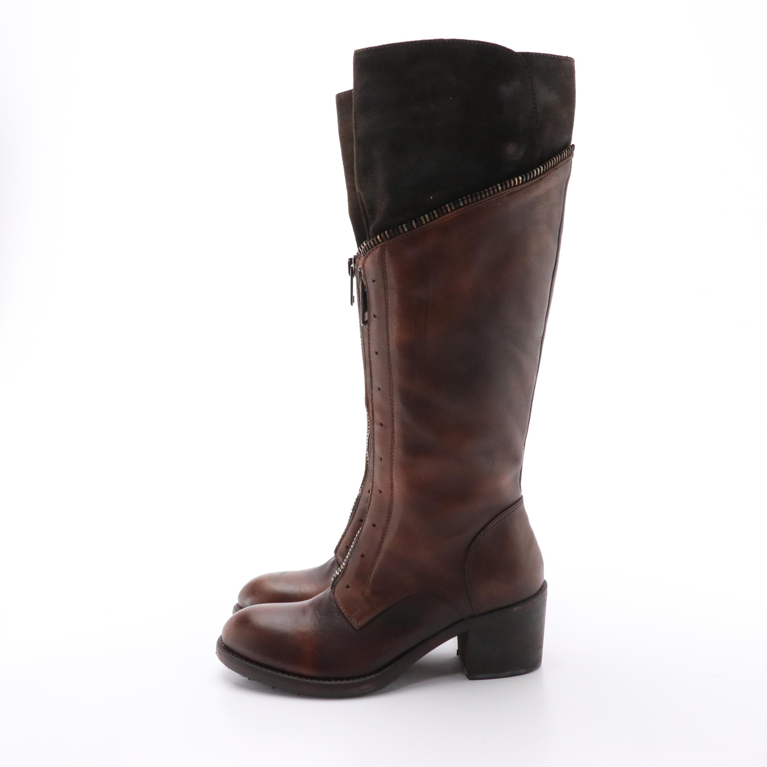Area Forte Brown Leather Tall Heeled Zipper-Front Boots in Box