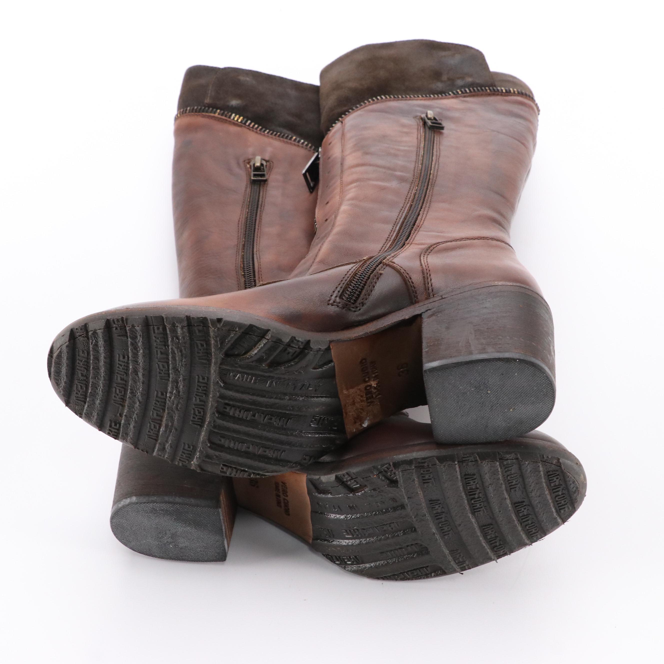 Area Forte Brown Leather Tall Heeled Zipper-Front Boots in Box