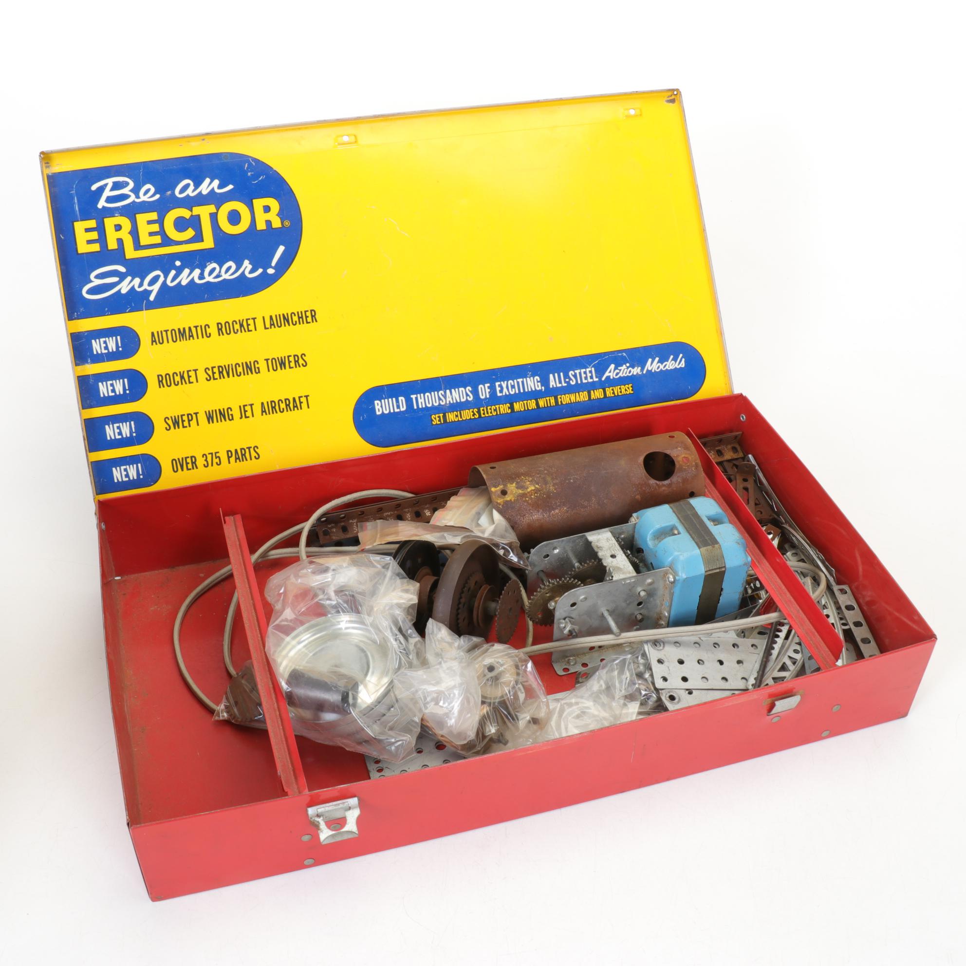 Two Gilbert Erector Set Metal Boxes with Parts and Greenberg's Guide Book