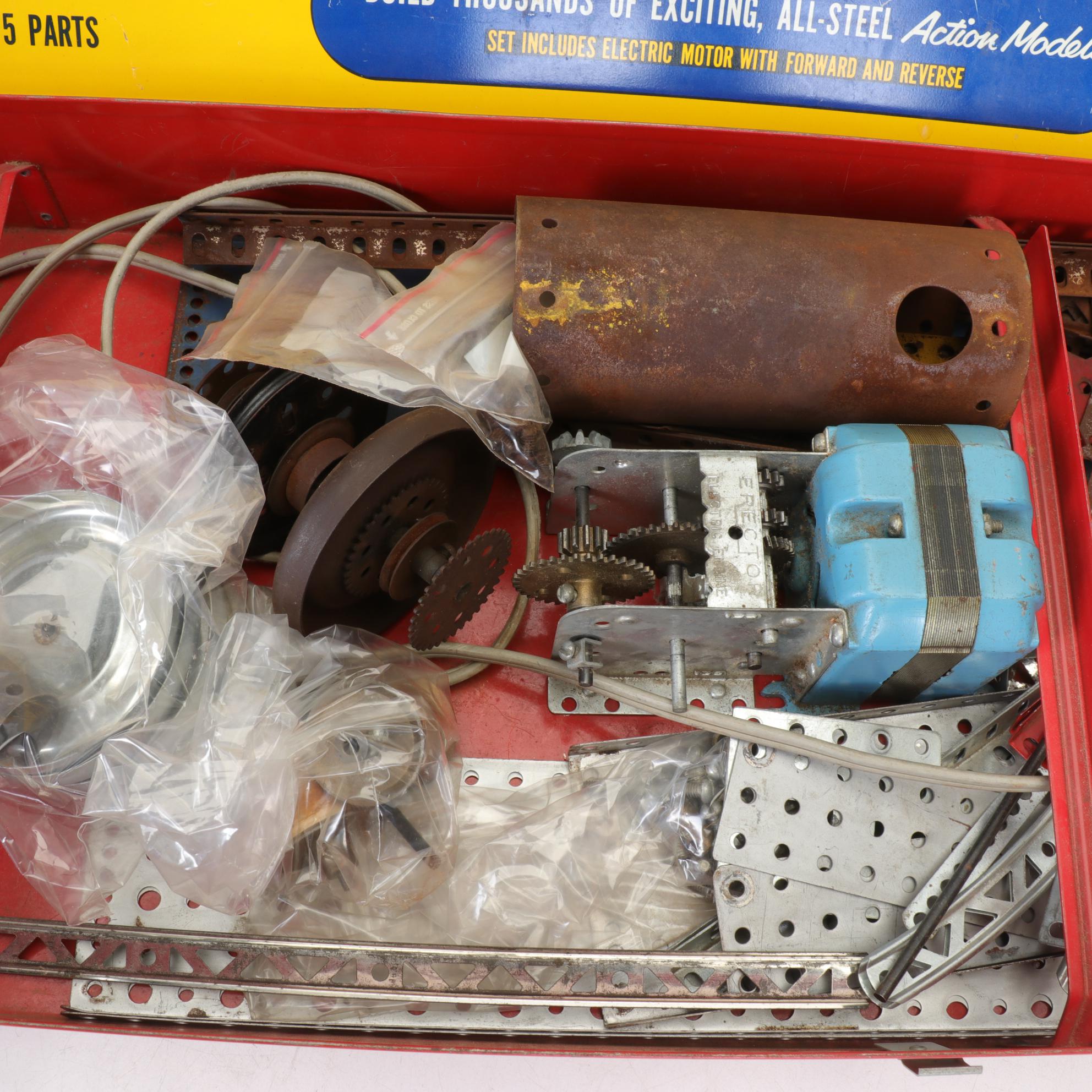 Two Gilbert Erector Set Metal Boxes with Parts and Greenberg's Guide Book