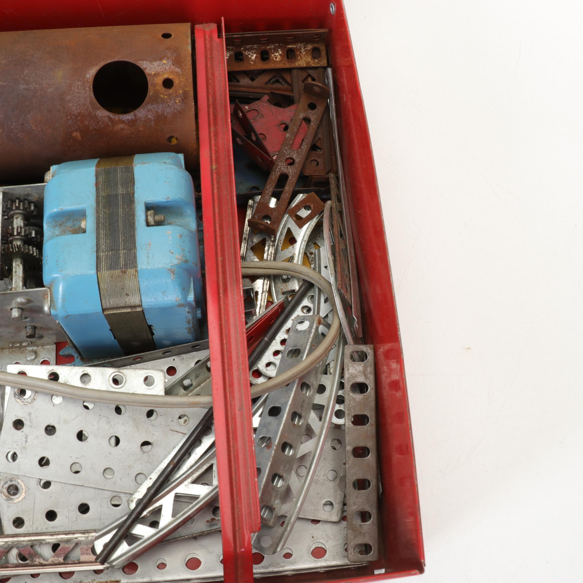 Two Gilbert Erector Set Metal Boxes with Parts and Greenberg's Guide Book