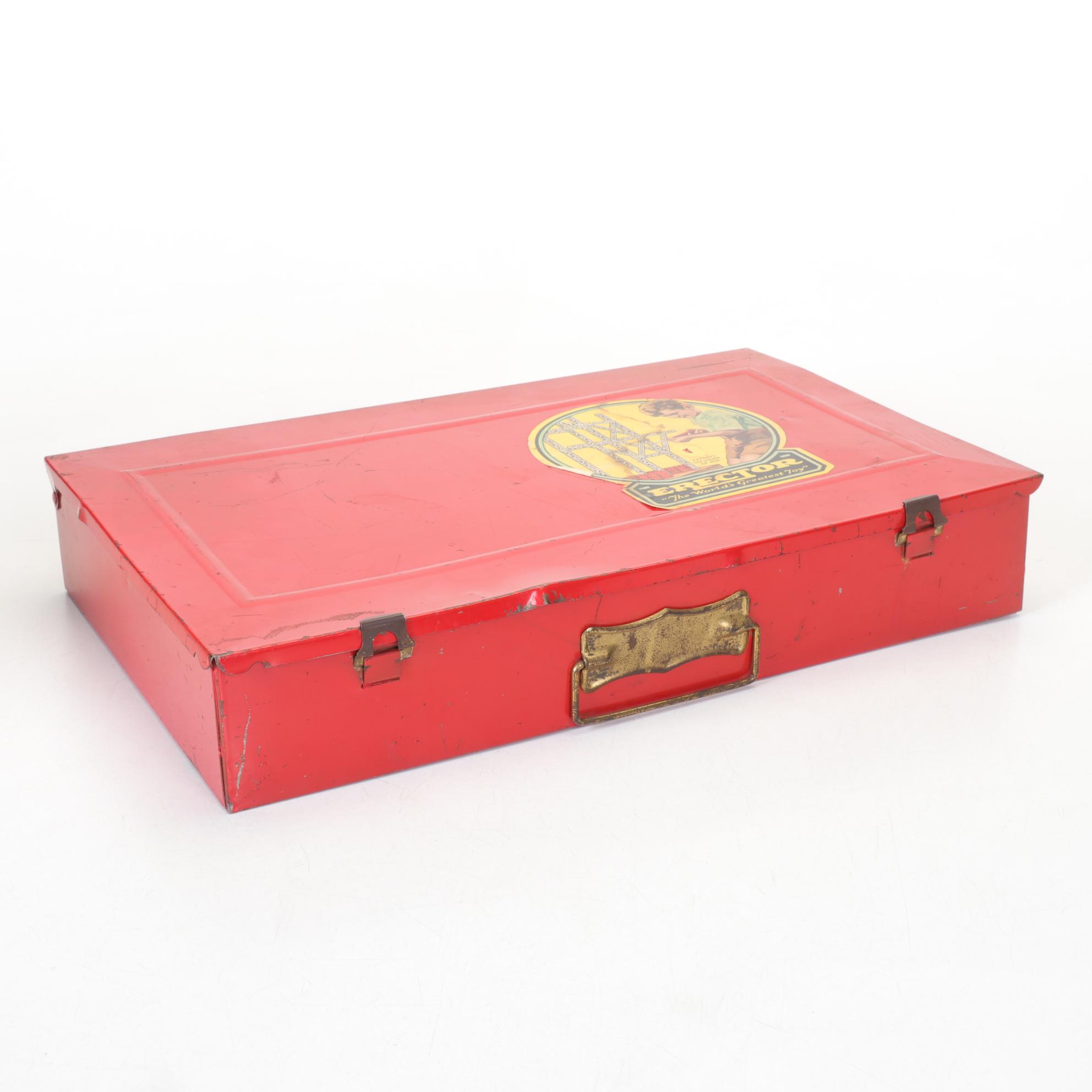 Two Gilbert Erector Set Metal Boxes with Parts and Greenberg's Guide Book