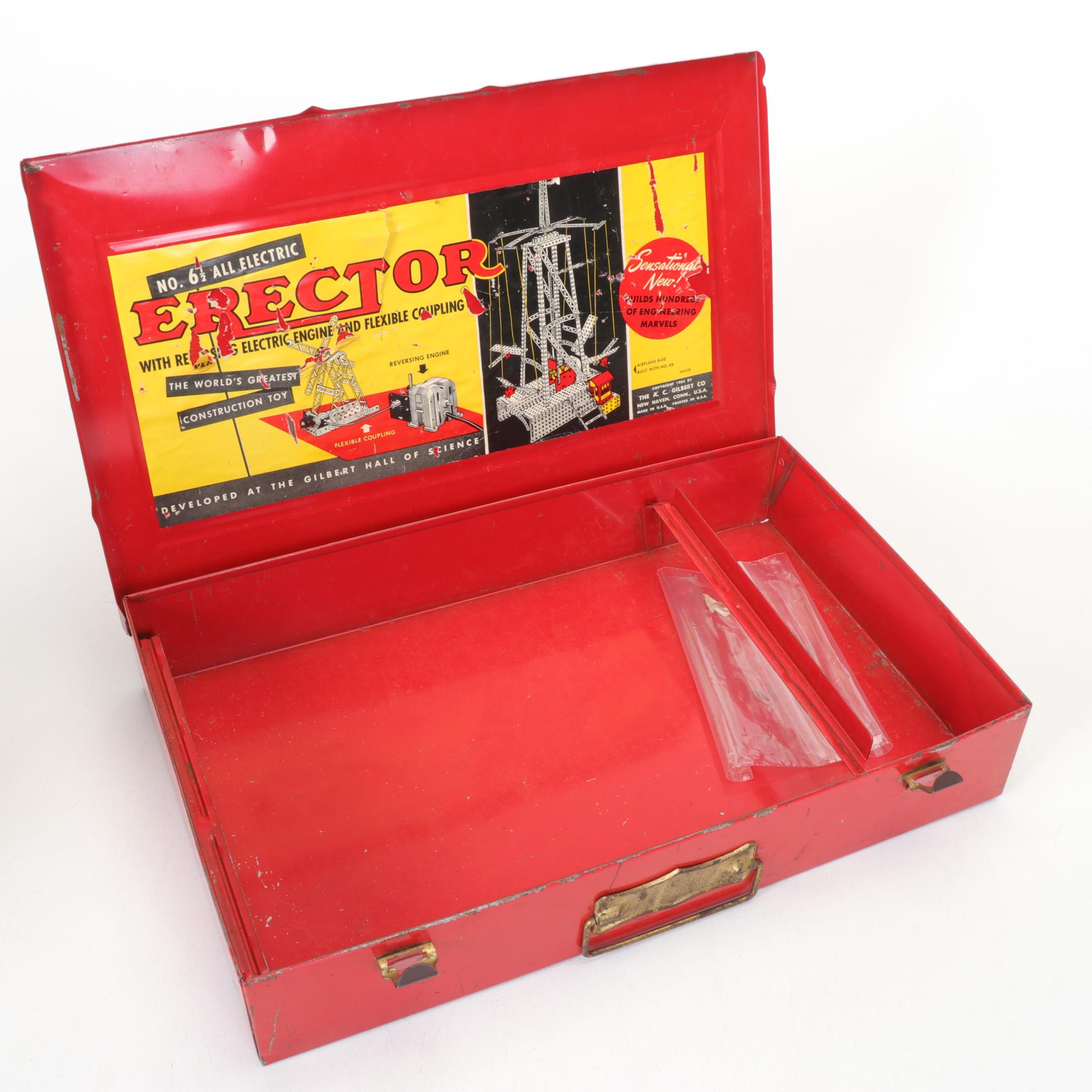 Two Gilbert Erector Set Metal Boxes with Parts and Greenberg's Guide Book