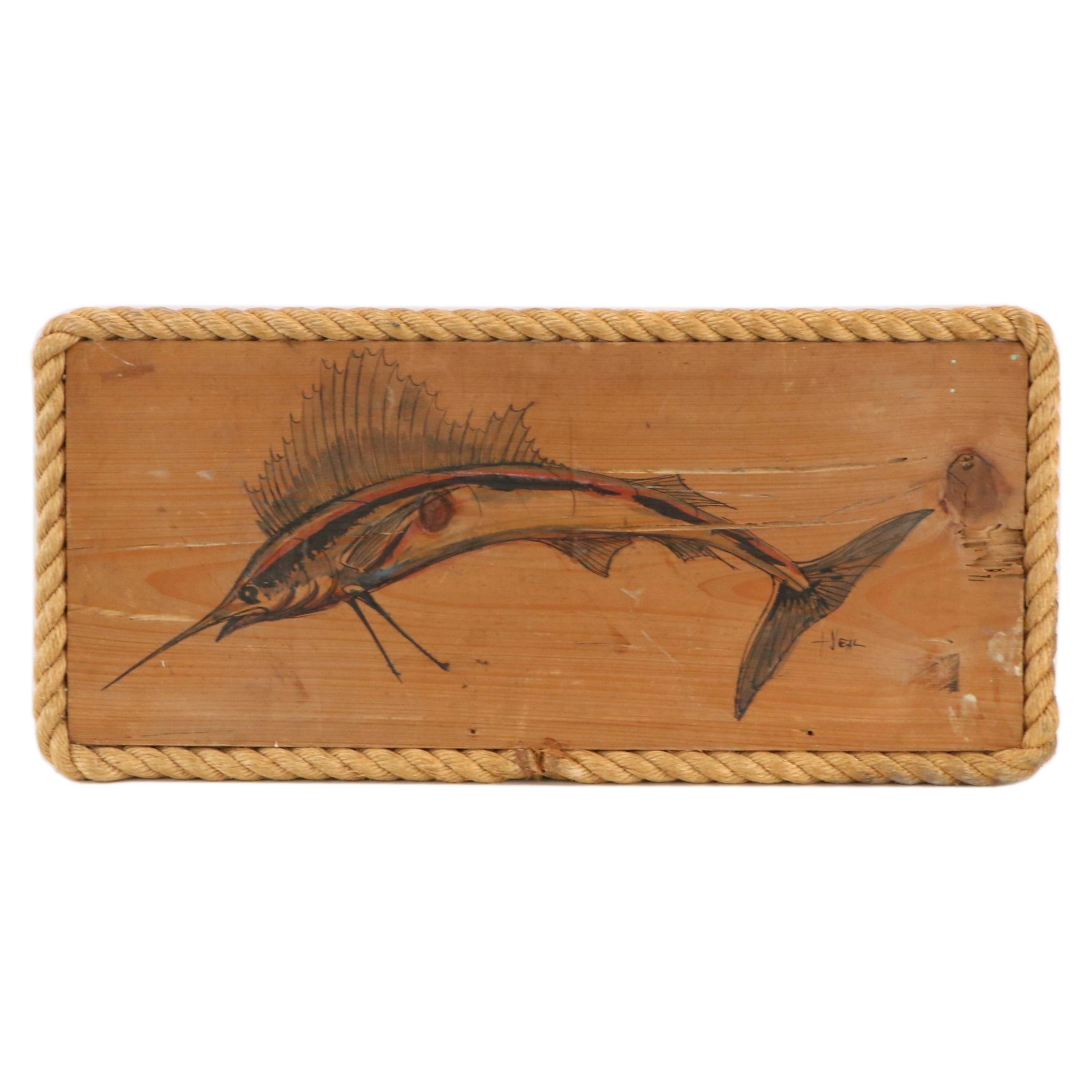 Tom Neal Ink and Watercolor Wood Painting "Sailfish"
