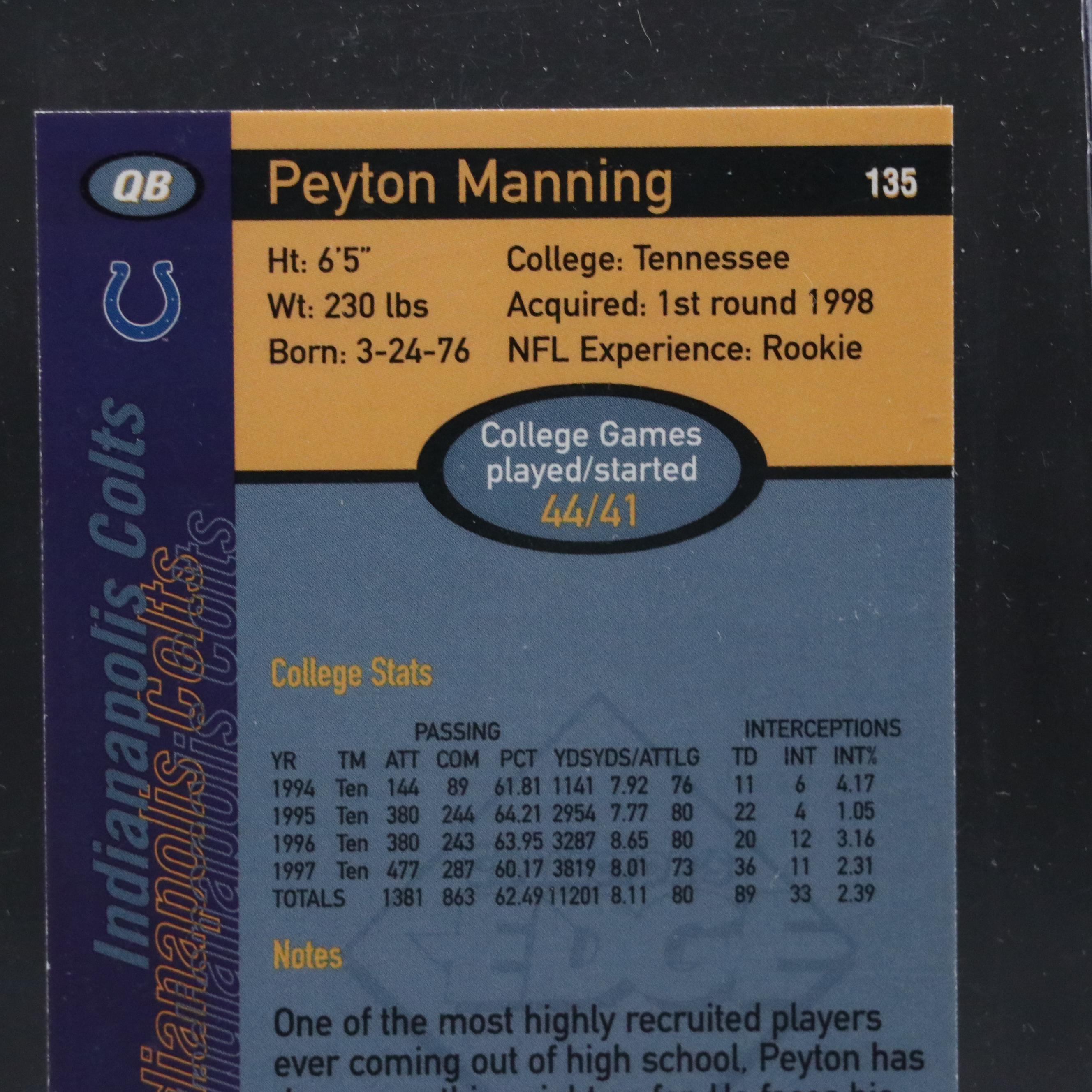 1998 Collector’s Edge 1st Place Peyton Manning Rookie Football Card