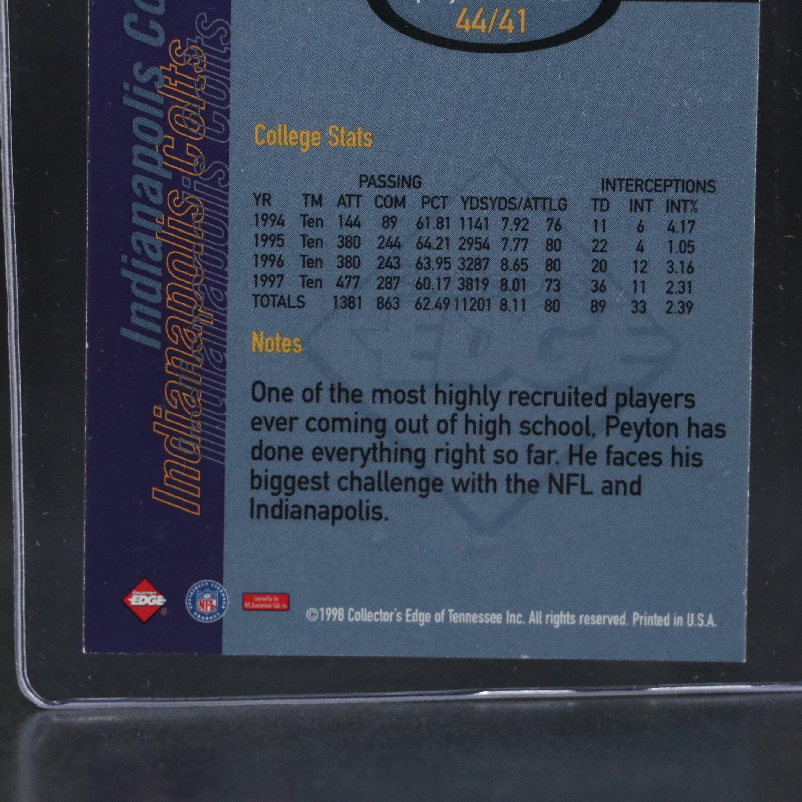 1998 Collector’s Edge 1st Place Peyton Manning Rookie Football Card