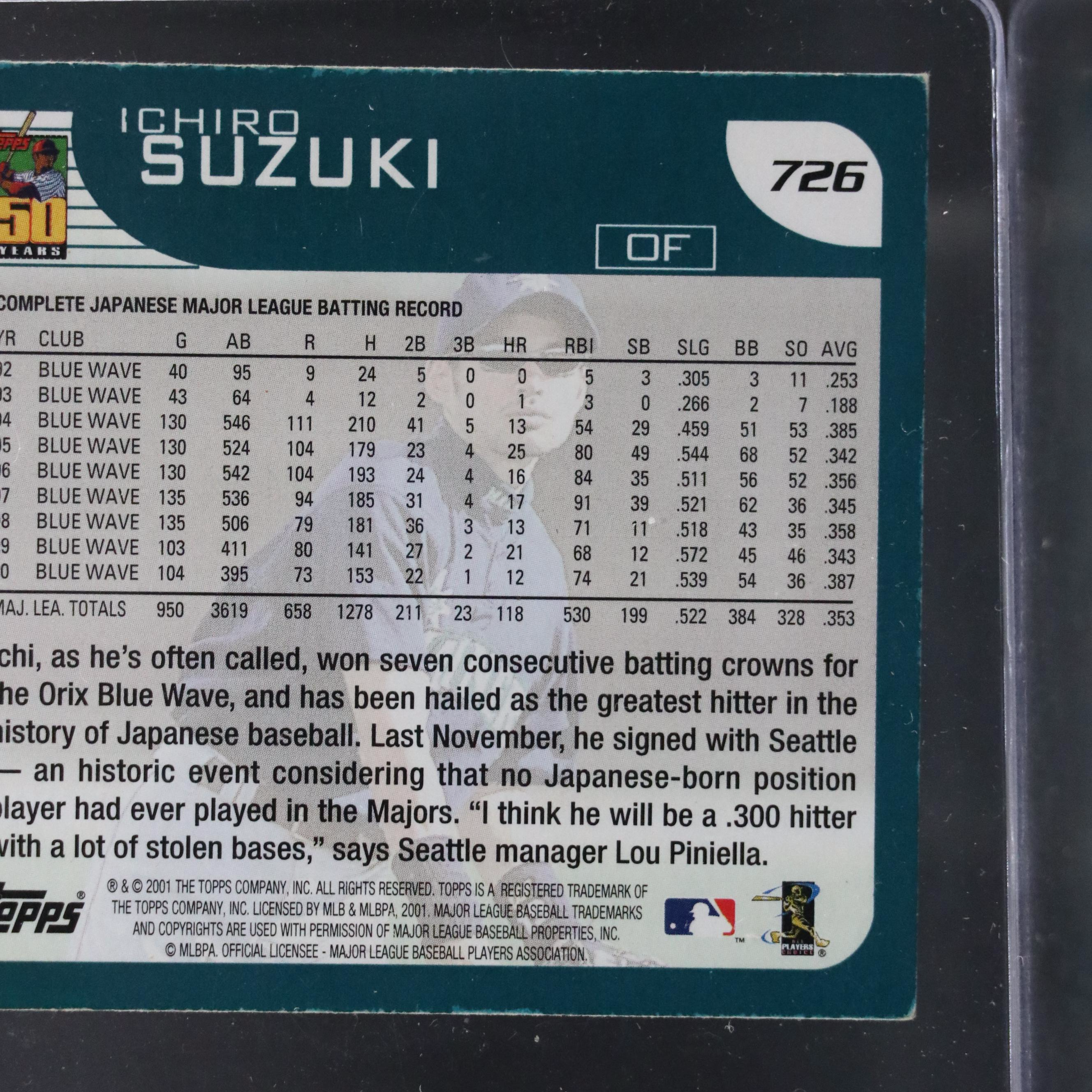 2001 Topps Ichiro Suzuki Seattle Mariners Rookie Baseball Card