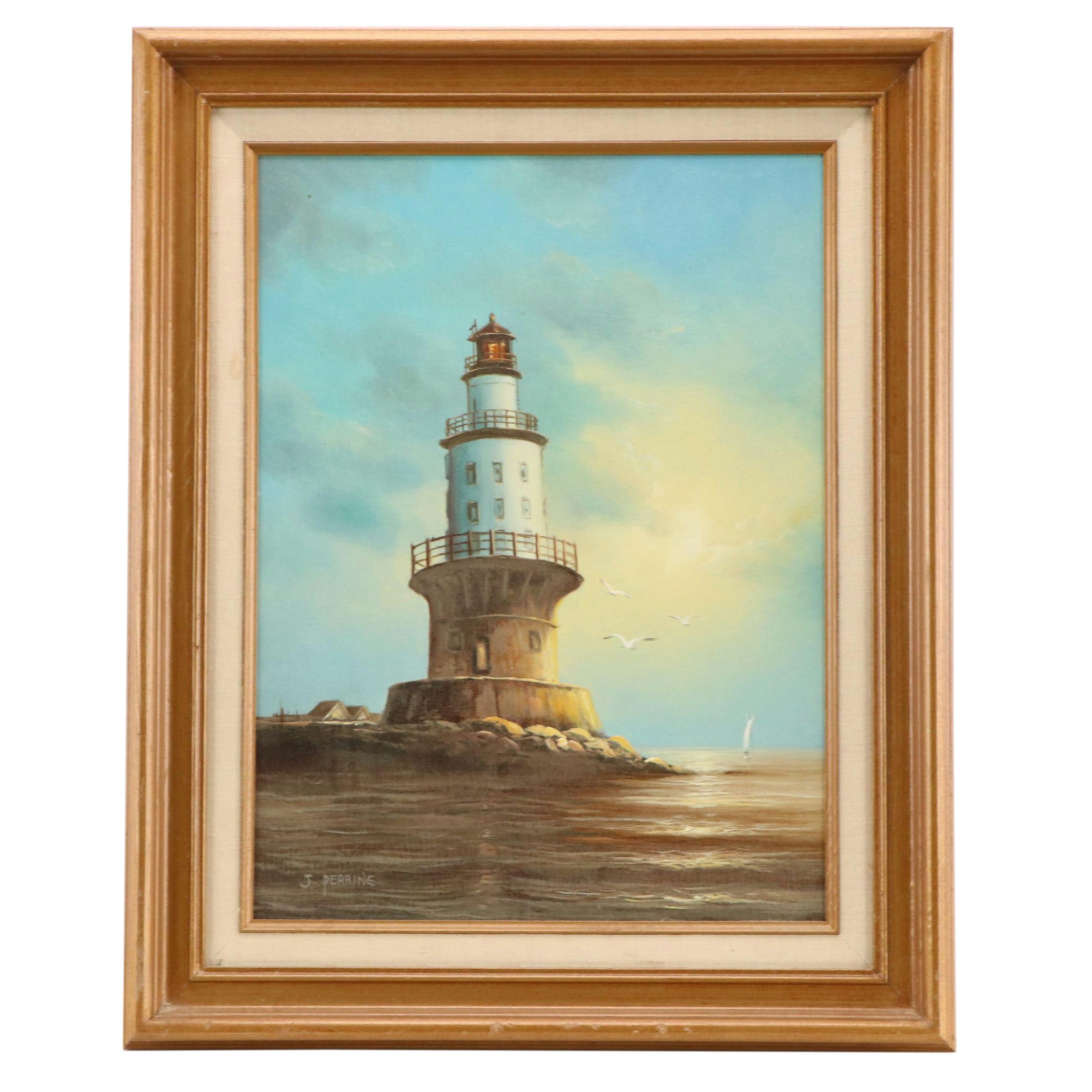 J. Perrine Oil Painting of Lighthouse, 20th Century