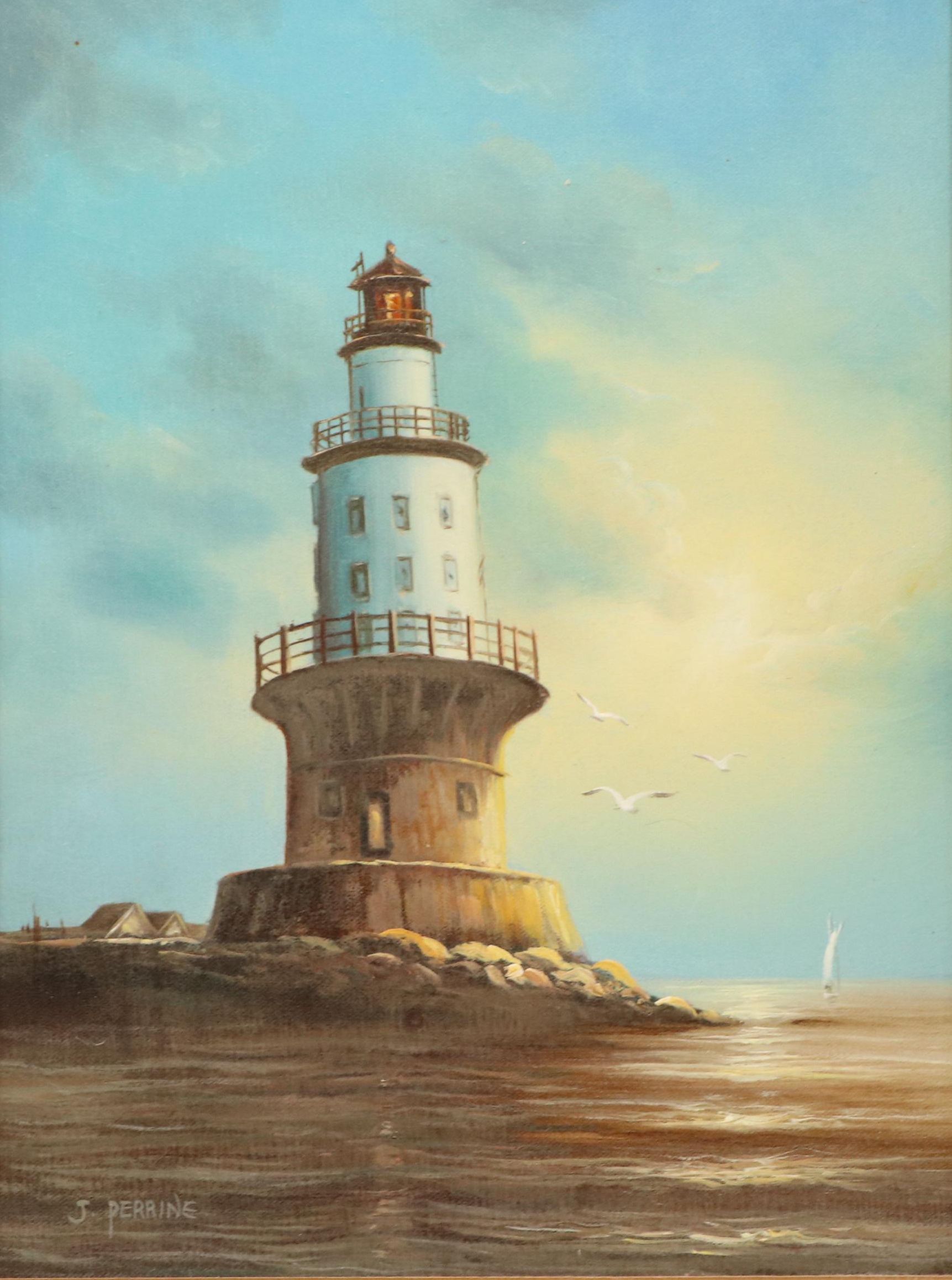 J. Perrine Oil Painting of Lighthouse, 20th Century