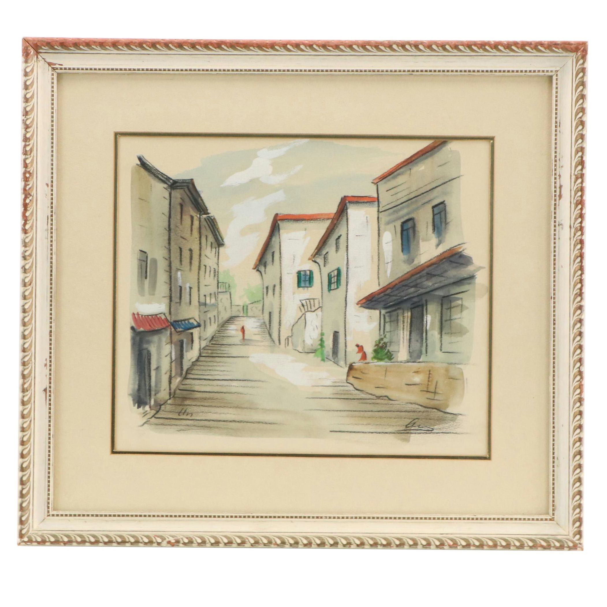 Watercolor and Gouache Painting of Street Scene, Mid–Late 20th Century