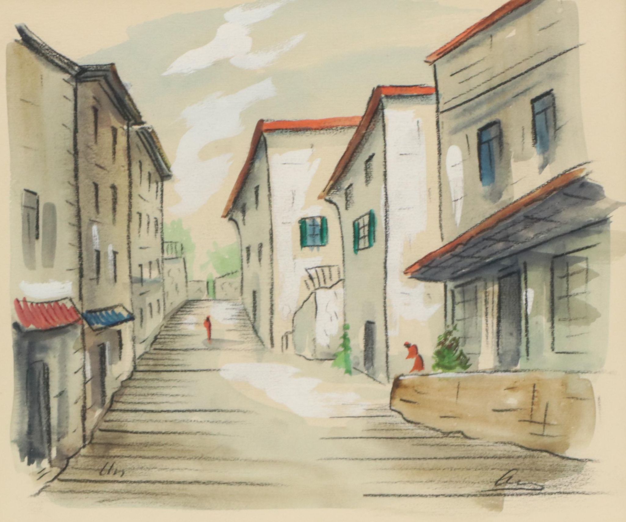 Watercolor and Gouache Painting of Street Scene, Mid–Late 20th Century