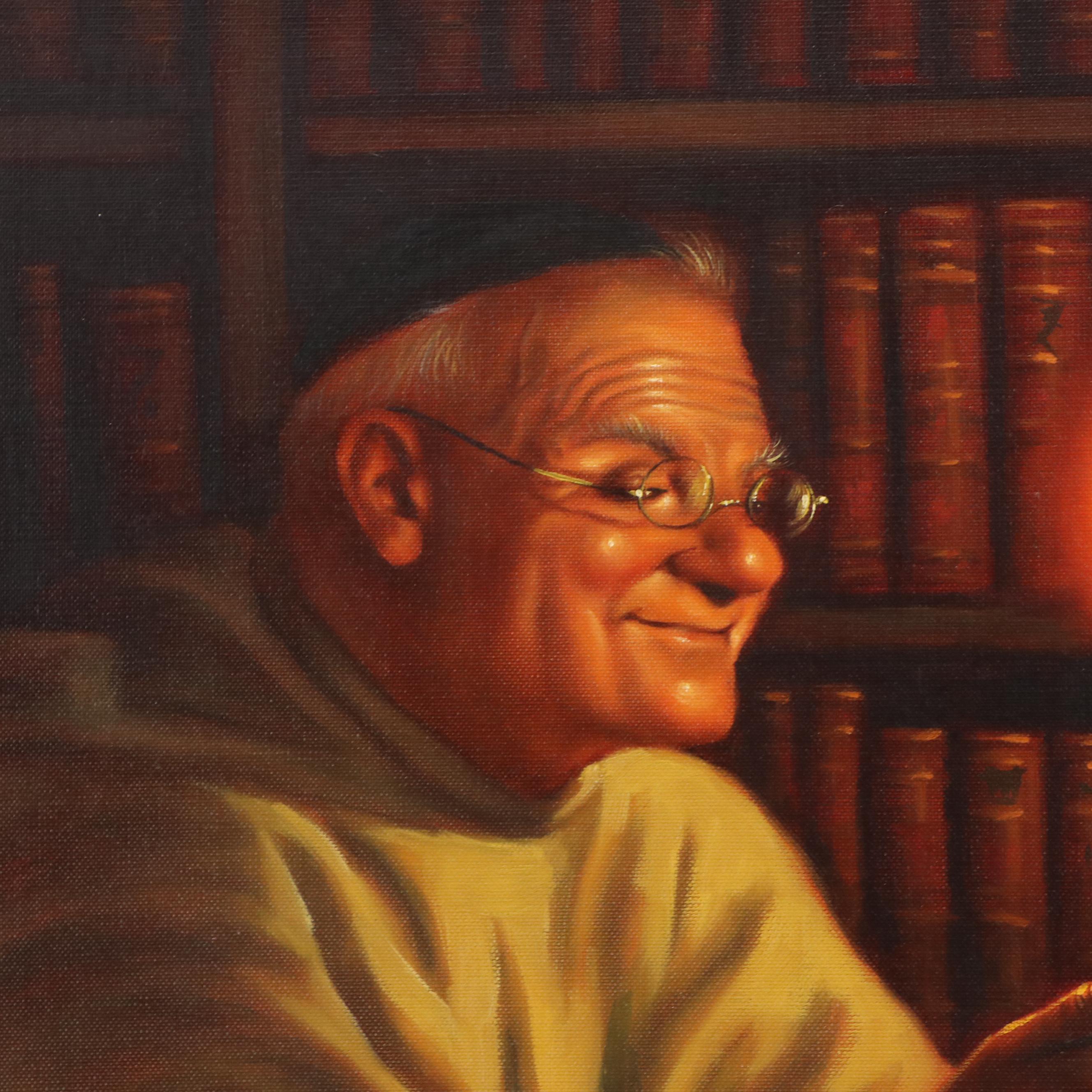 James Christensen Oil Painting of Priest Reading Under Candlelight