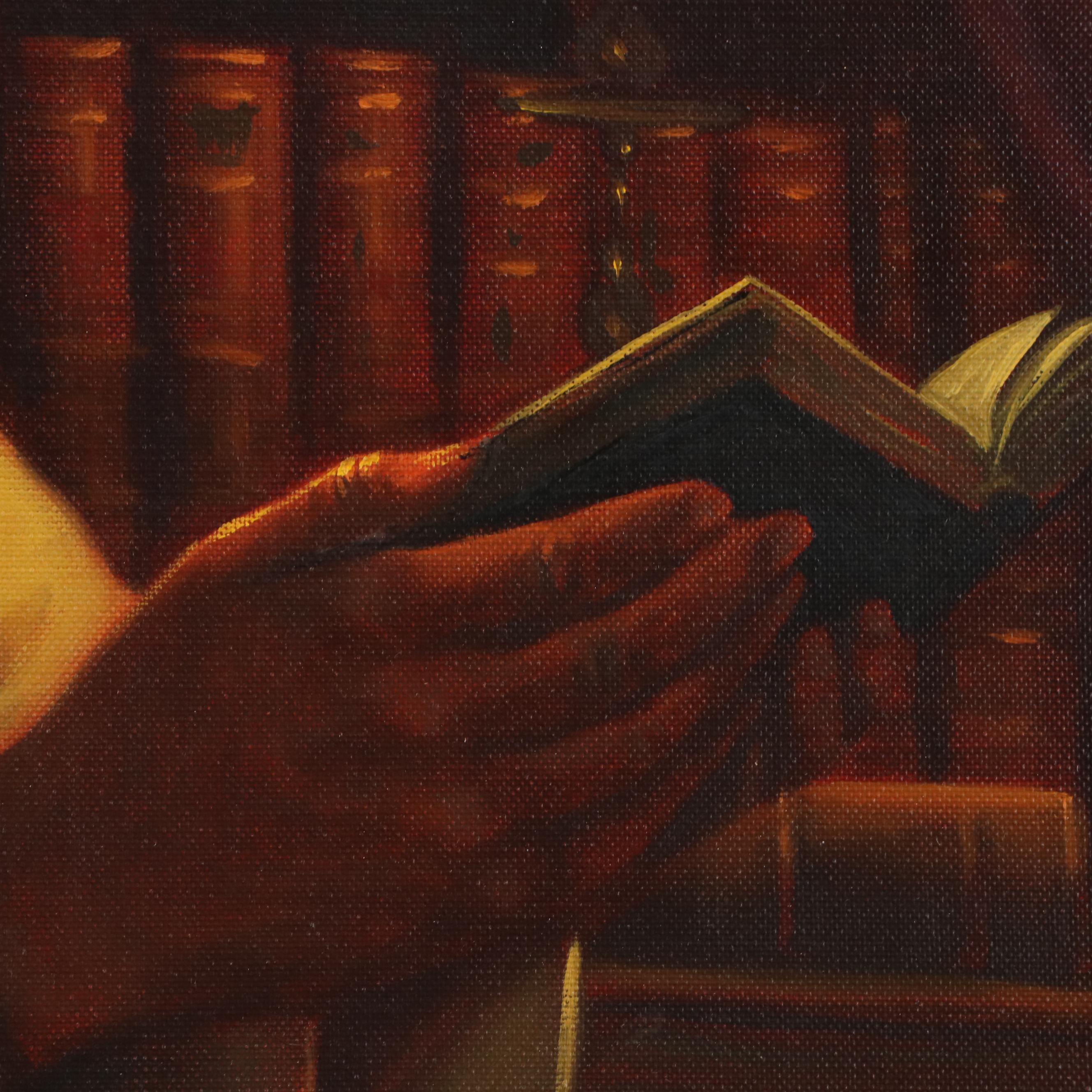 James Christensen Oil Painting of Priest Reading Under Candlelight