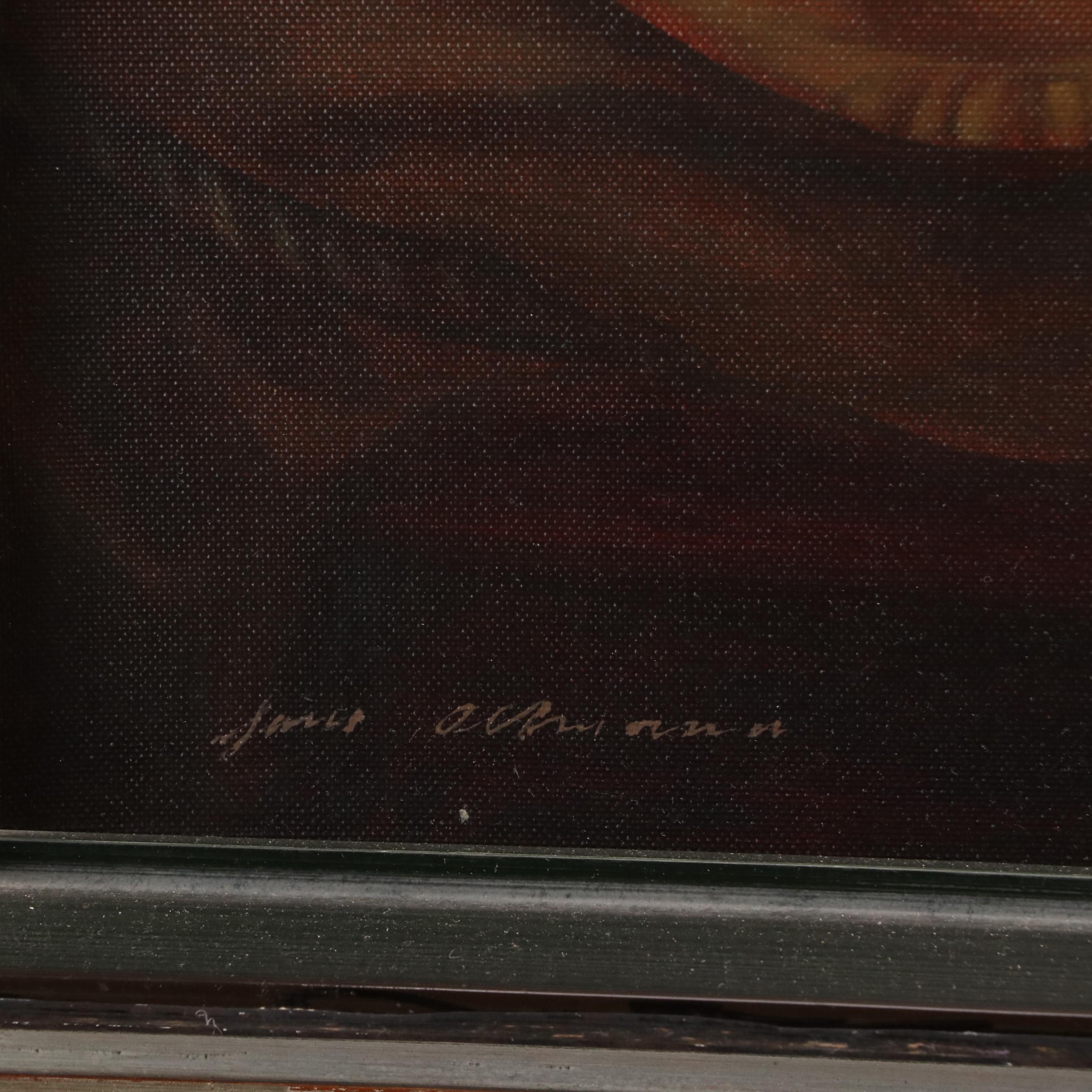 James Christensen Oil Painting of Priest Reading Under Candlelight