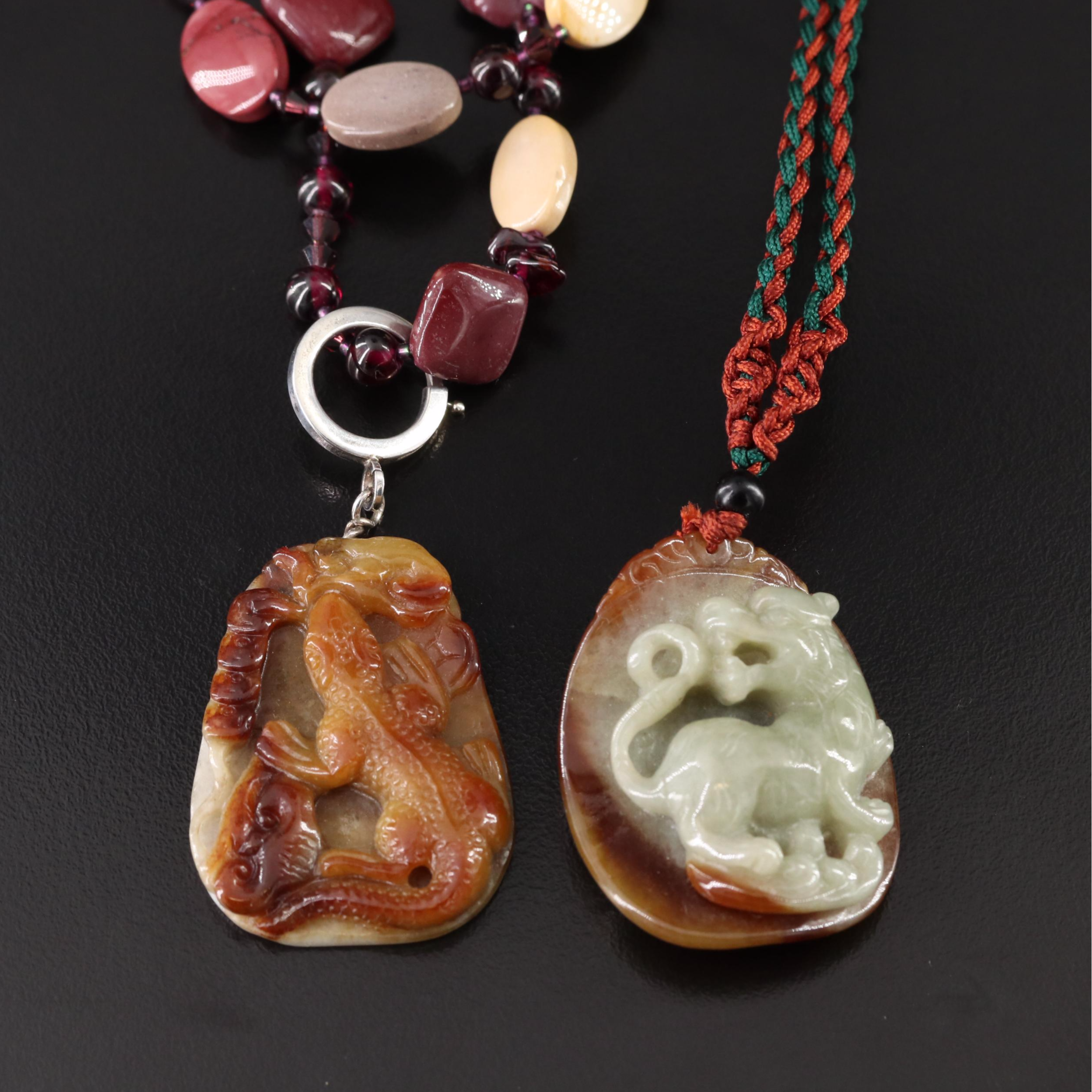 Carved Salamander and Tiger Necklaces with Jasper and Jadeite