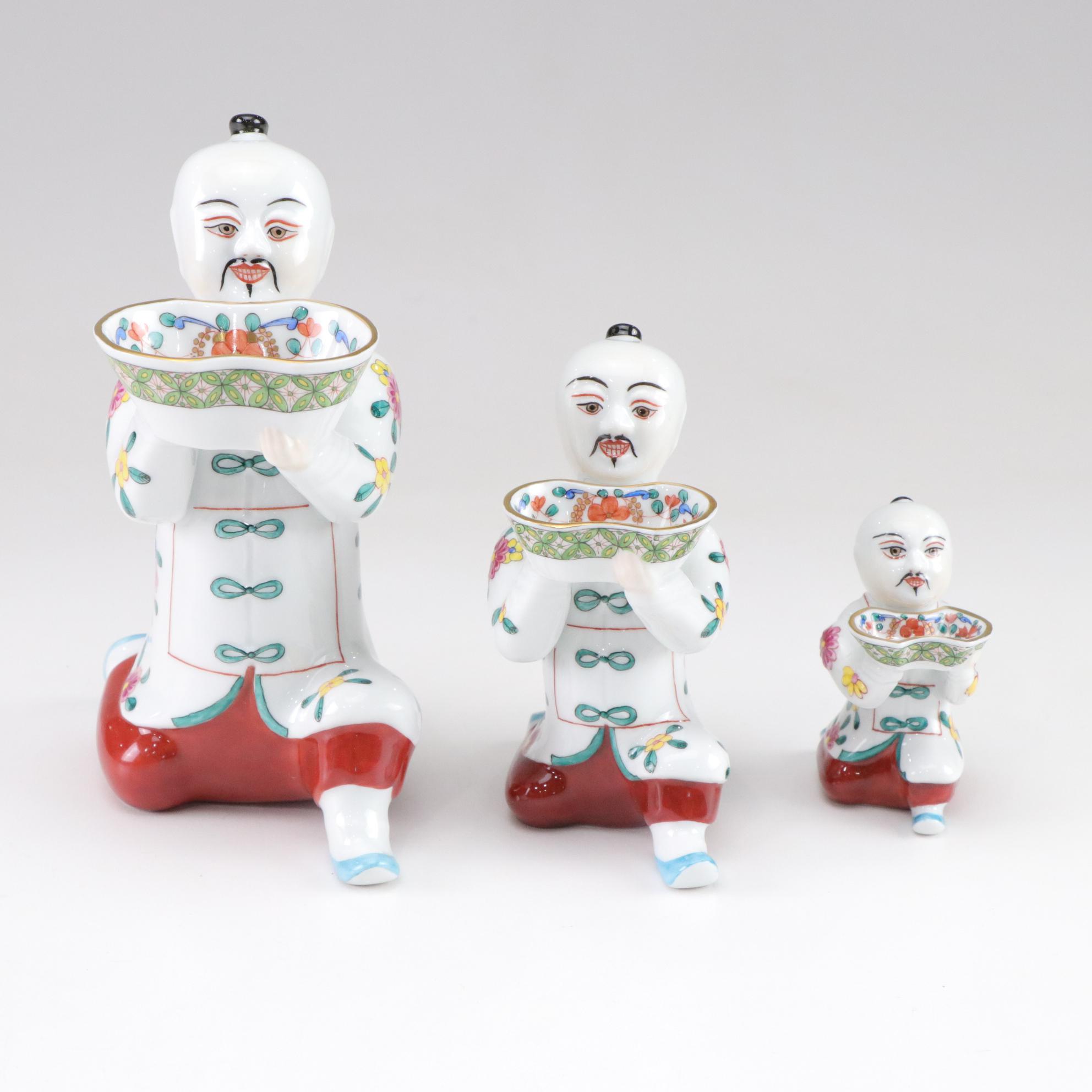 Three Herend Hand-Painted Porcelain Kneeling Chinese Mandarin Man Salt Cellars