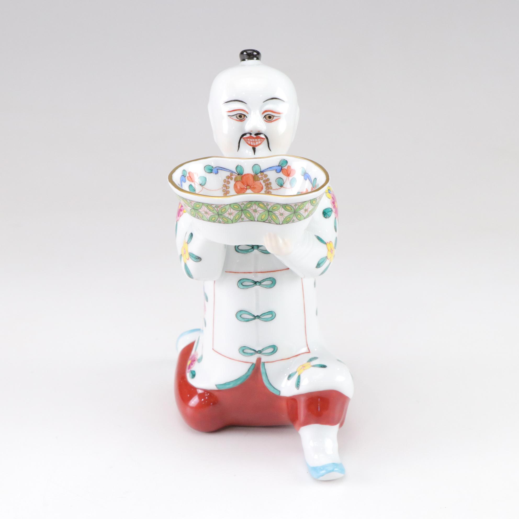 Three Herend Hand-Painted Porcelain Kneeling Chinese Mandarin Man Salt Cellars