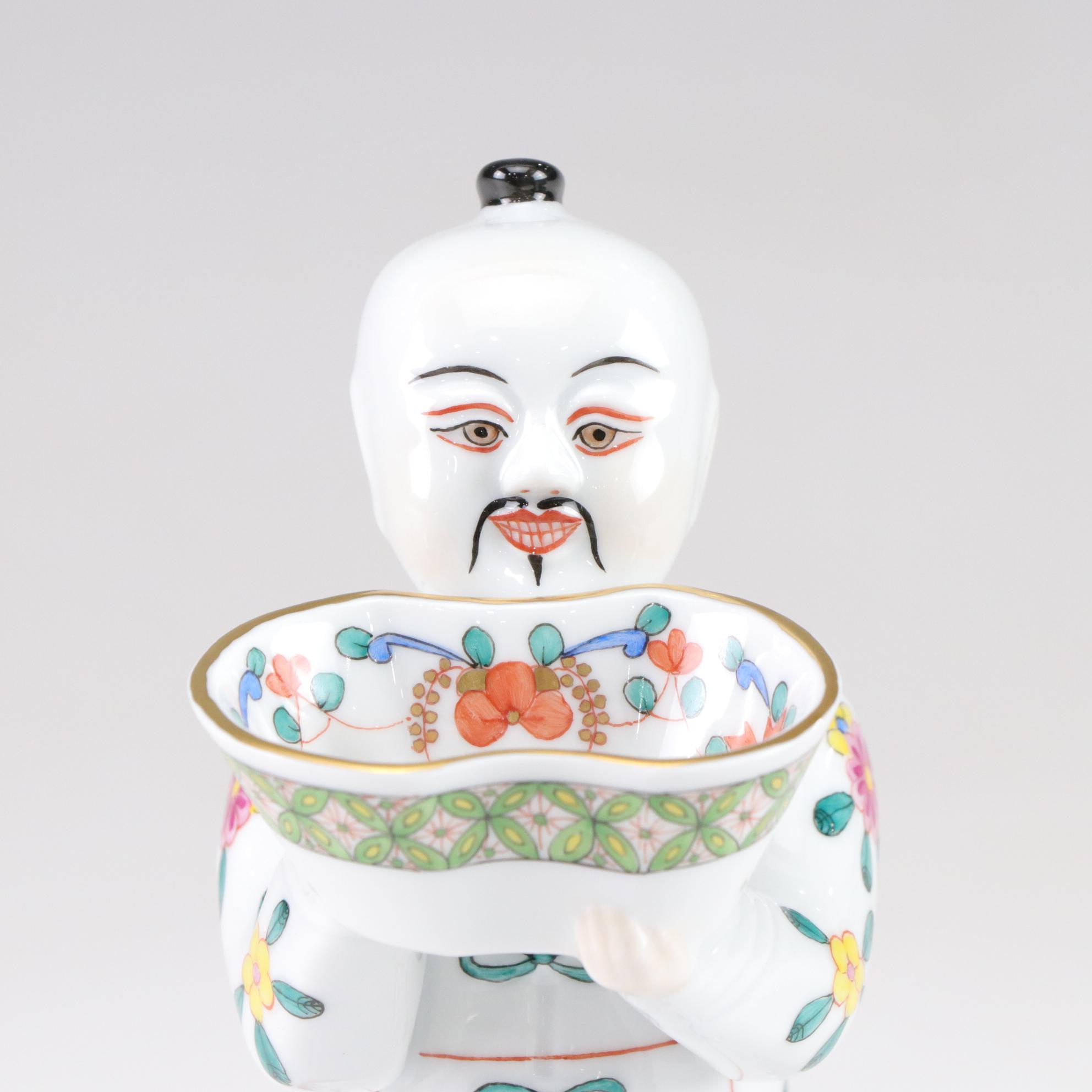 Three Herend Hand-Painted Porcelain Kneeling Chinese Mandarin Man Salt Cellars
