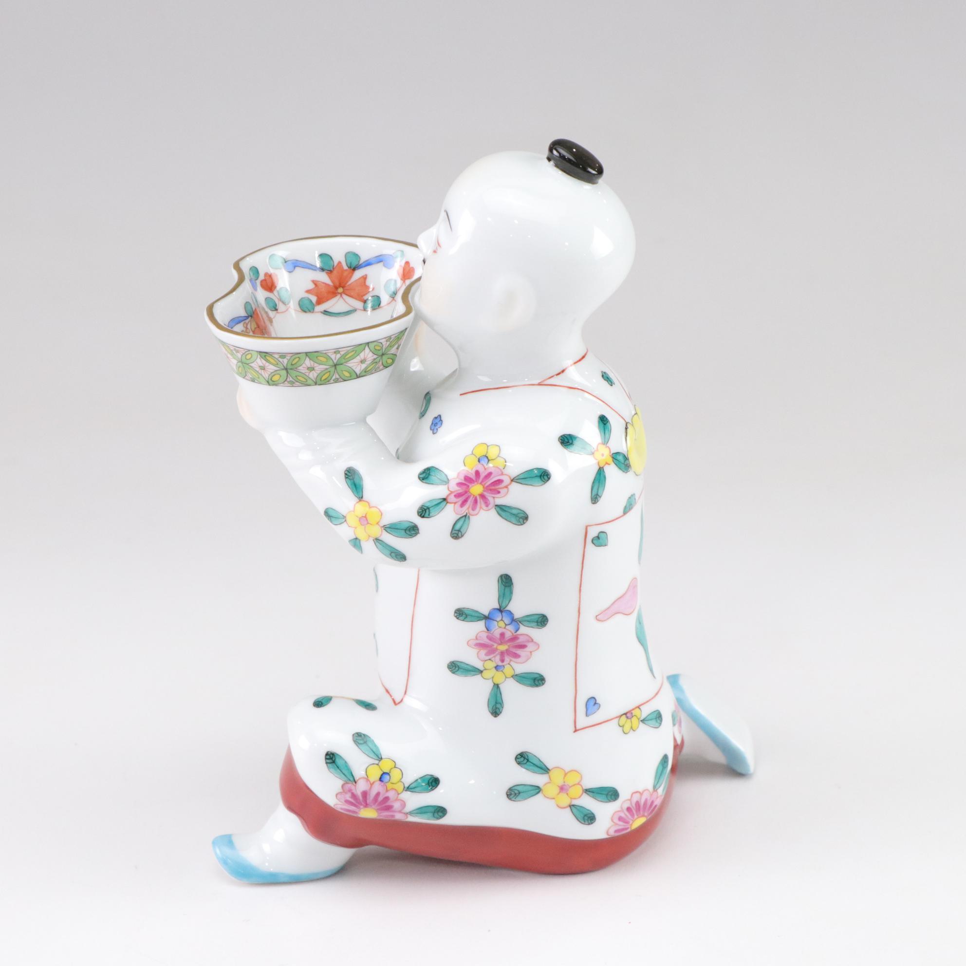 Three Herend Hand-Painted Porcelain Kneeling Chinese Mandarin Man Salt Cellars