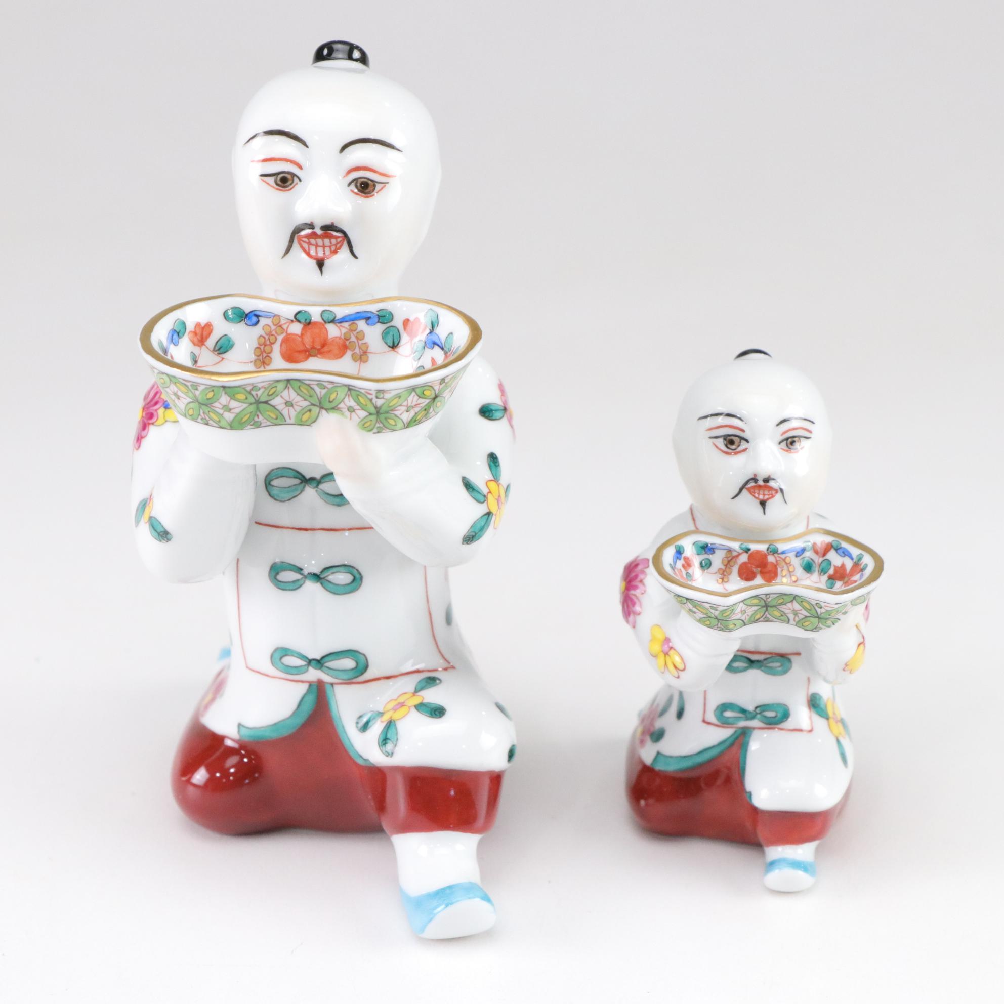 Three Herend Hand-Painted Porcelain Kneeling Chinese Mandarin Man Salt Cellars