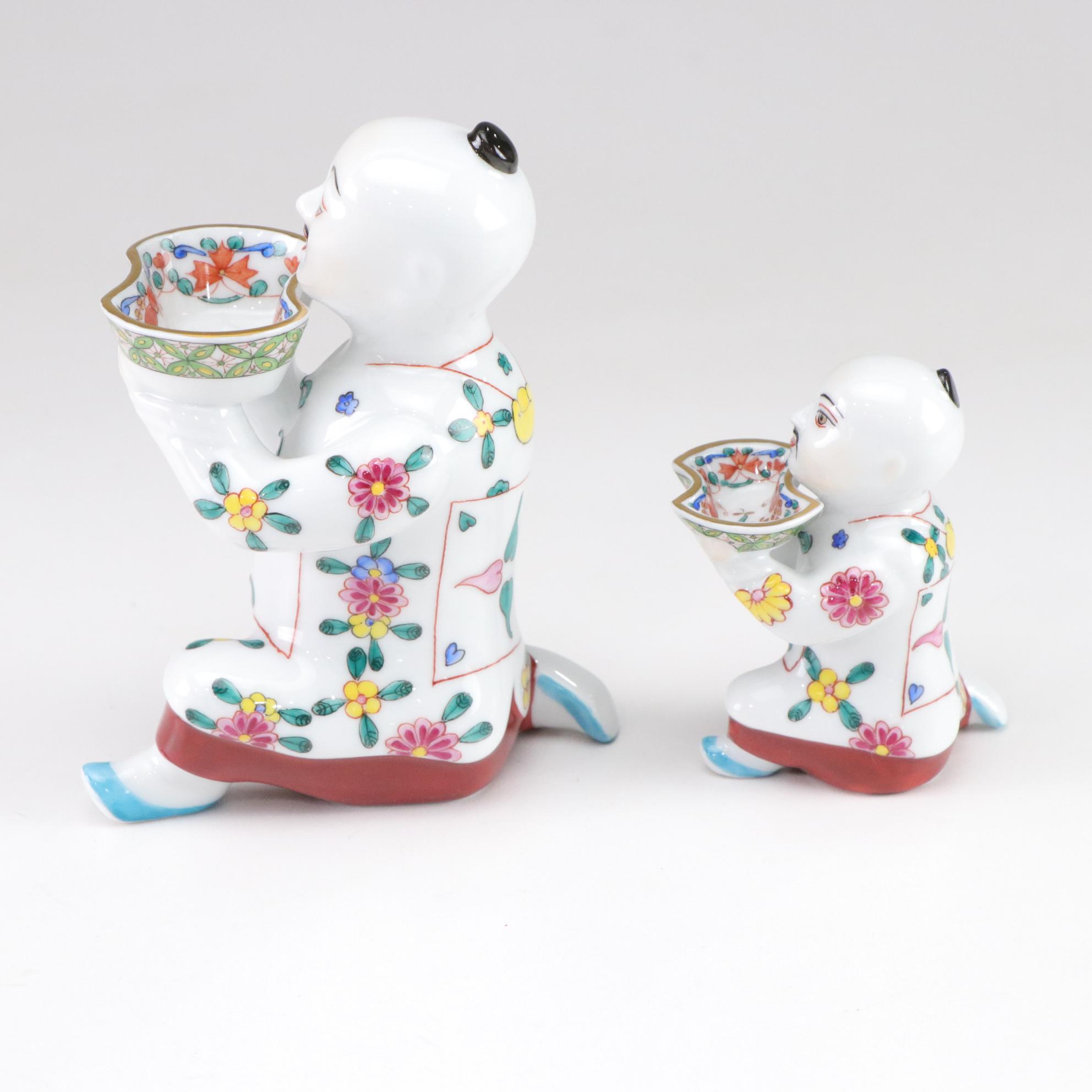 Three Herend Hand-Painted Porcelain Kneeling Chinese Mandarin Man Salt Cellars