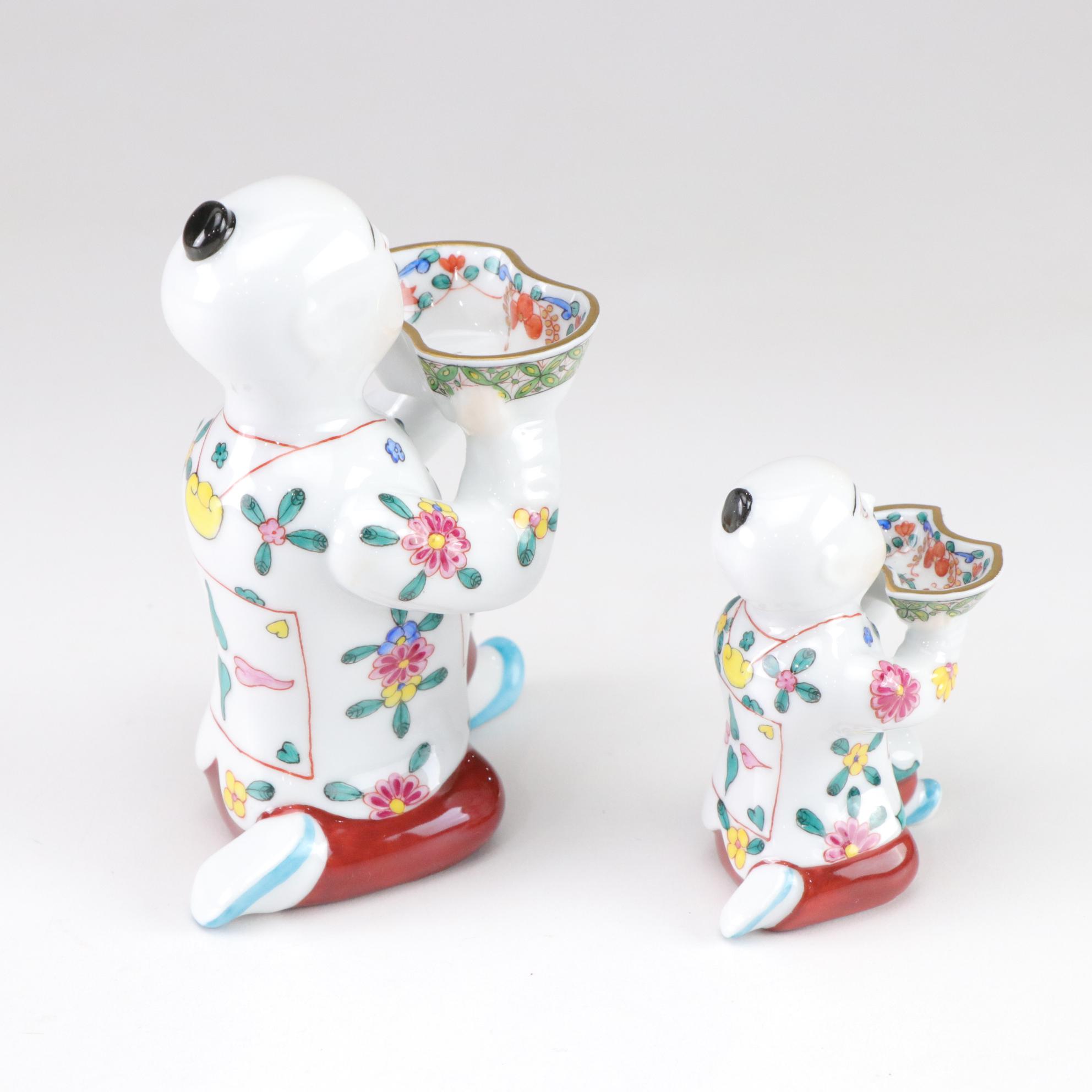 Three Herend Hand-Painted Porcelain Kneeling Chinese Mandarin Man Salt Cellars