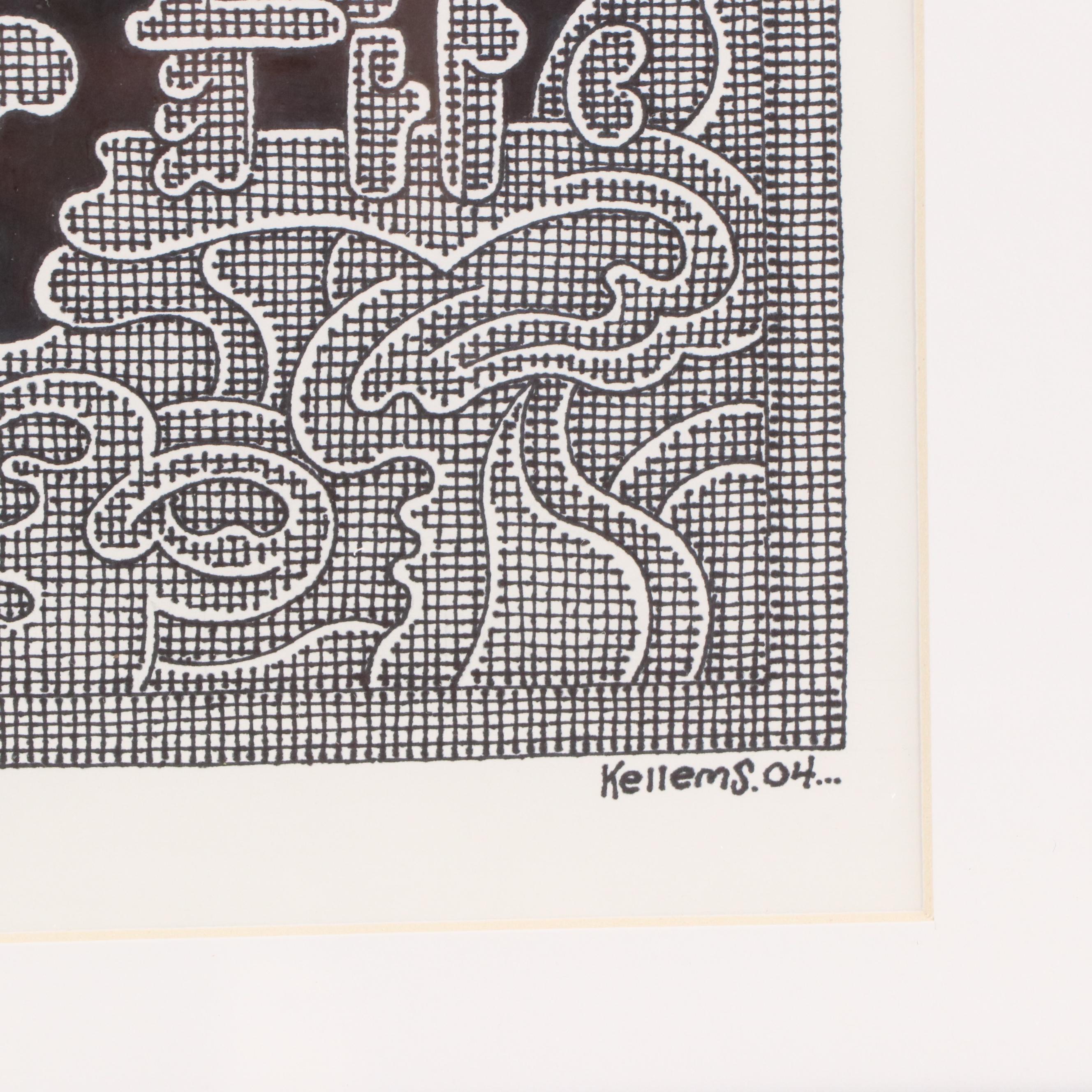 Jerry Kellems Surreal Geometric Ink Drawing, 2004